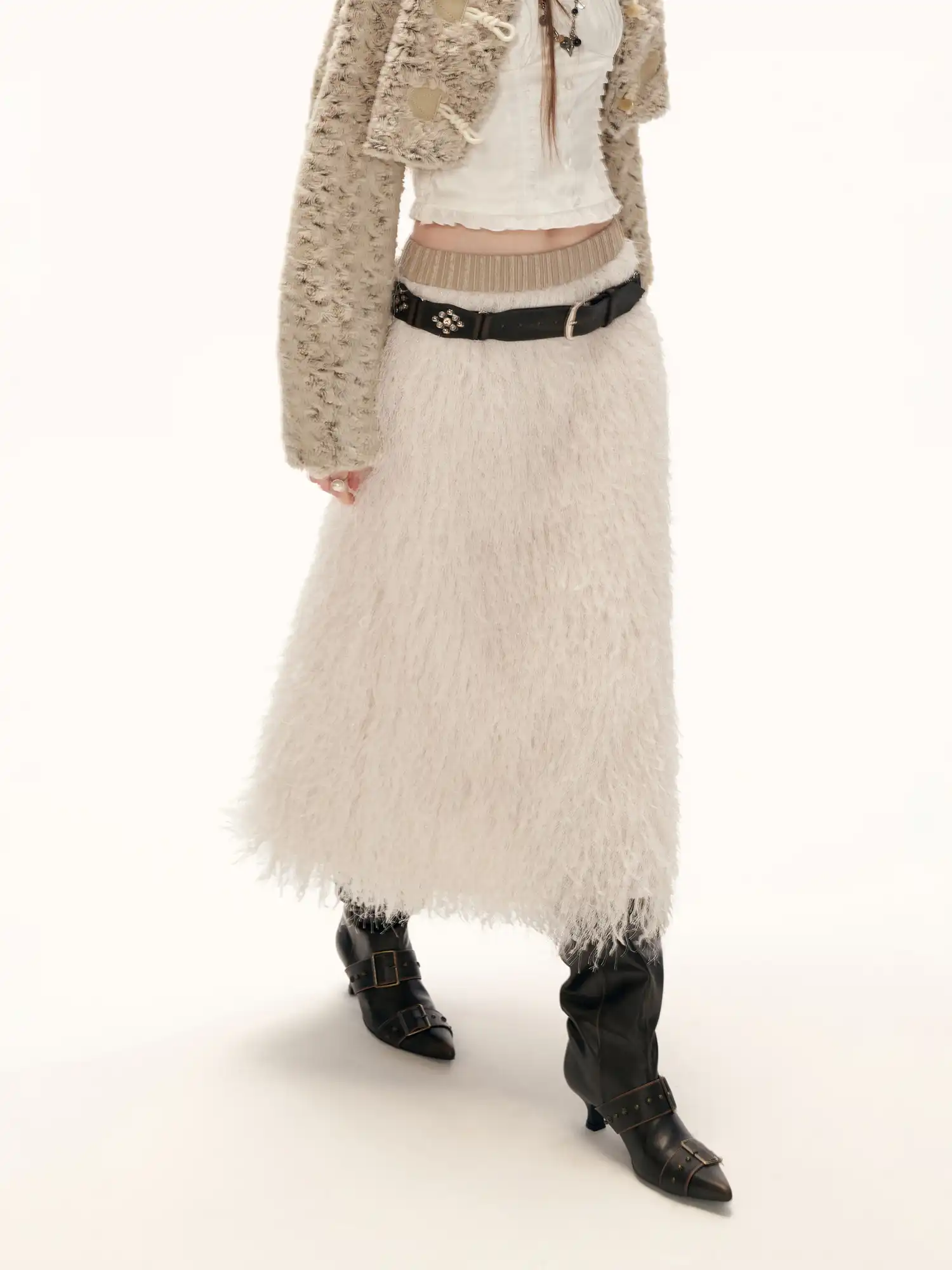Creamy Feather Tassle Midi Skirt