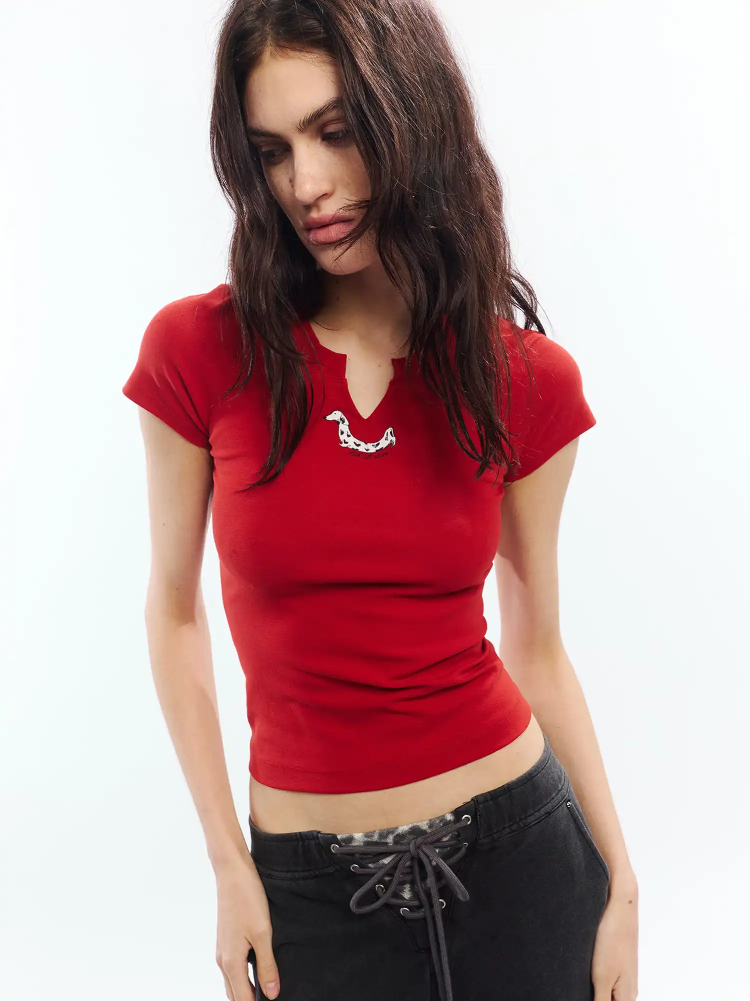 Dalmatian Graphic Notched V Neck Crop Top - Image 6