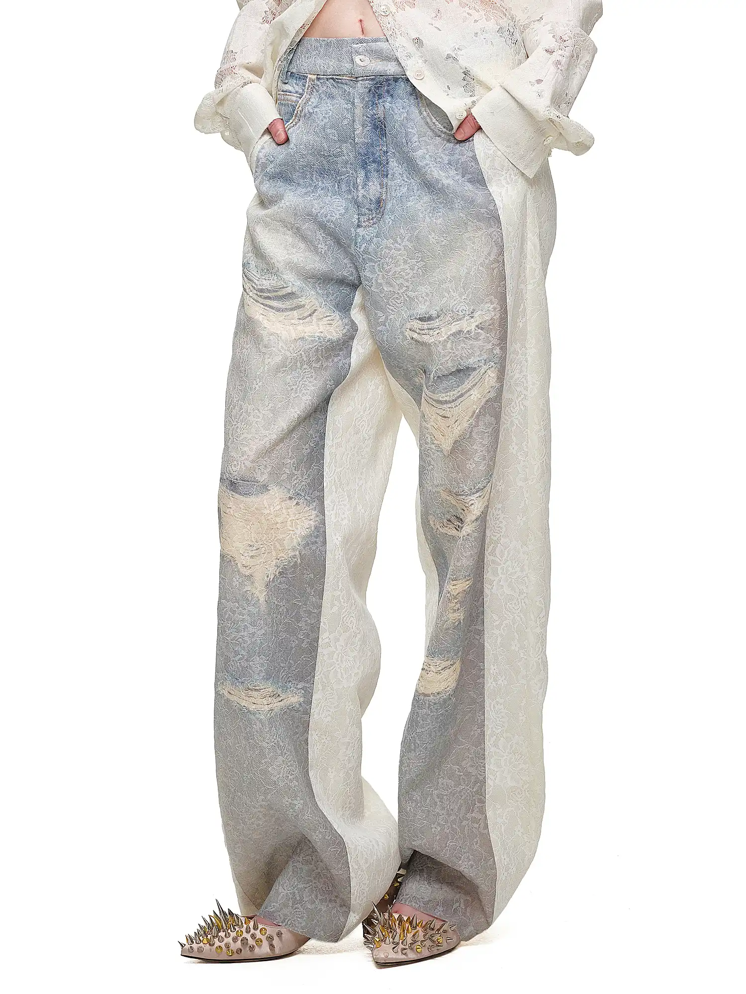 Distressed Lace-Panel Baggy Jeans