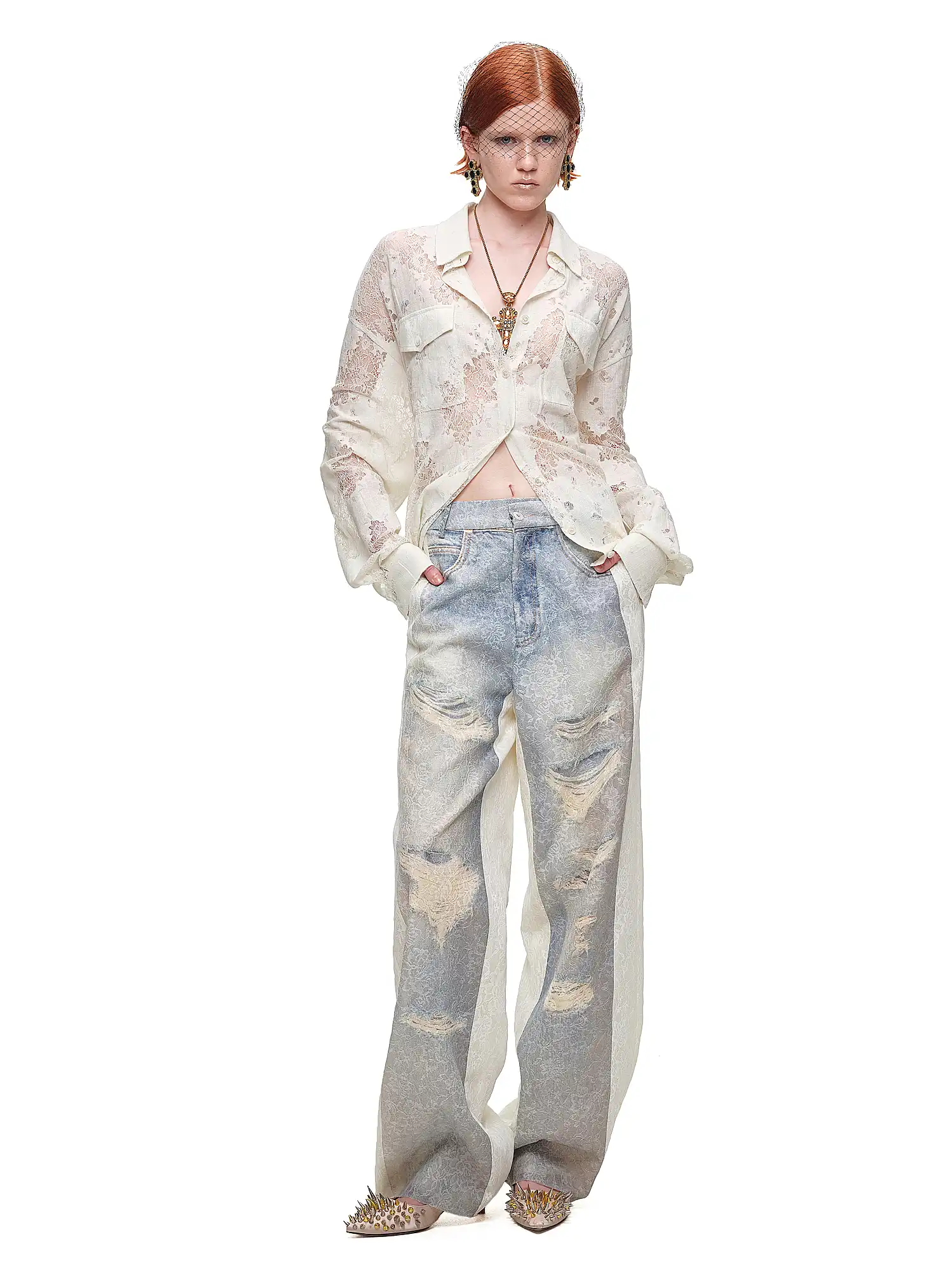 Distressed Lace-Panel Baggy Jeans - Image 6