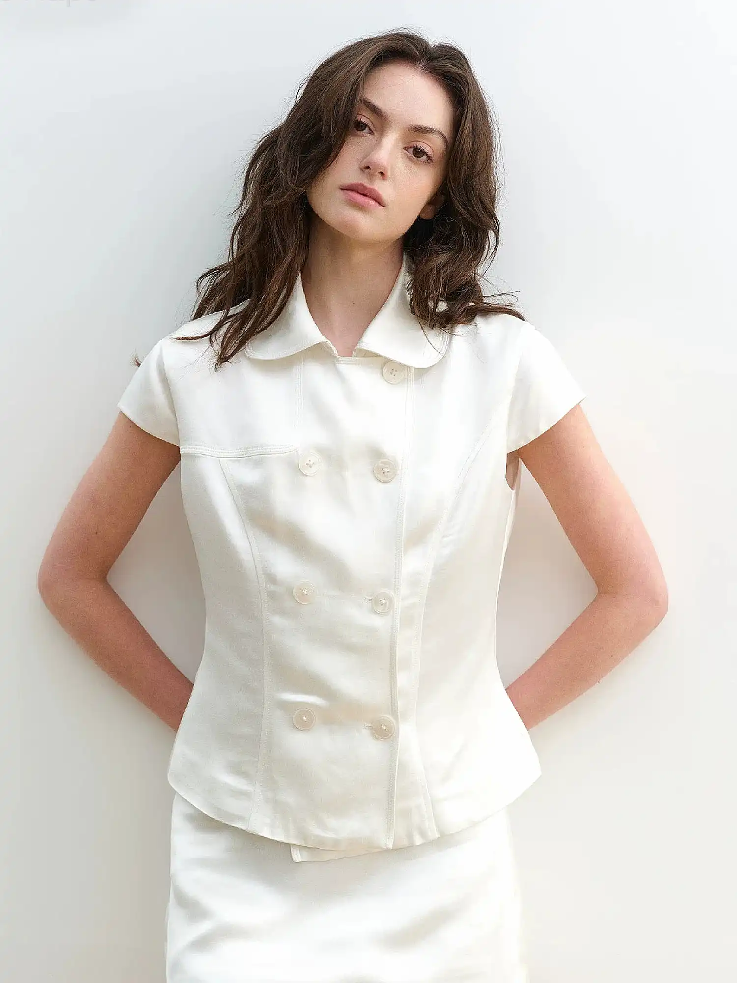 Double Breasted White Satin Shirt