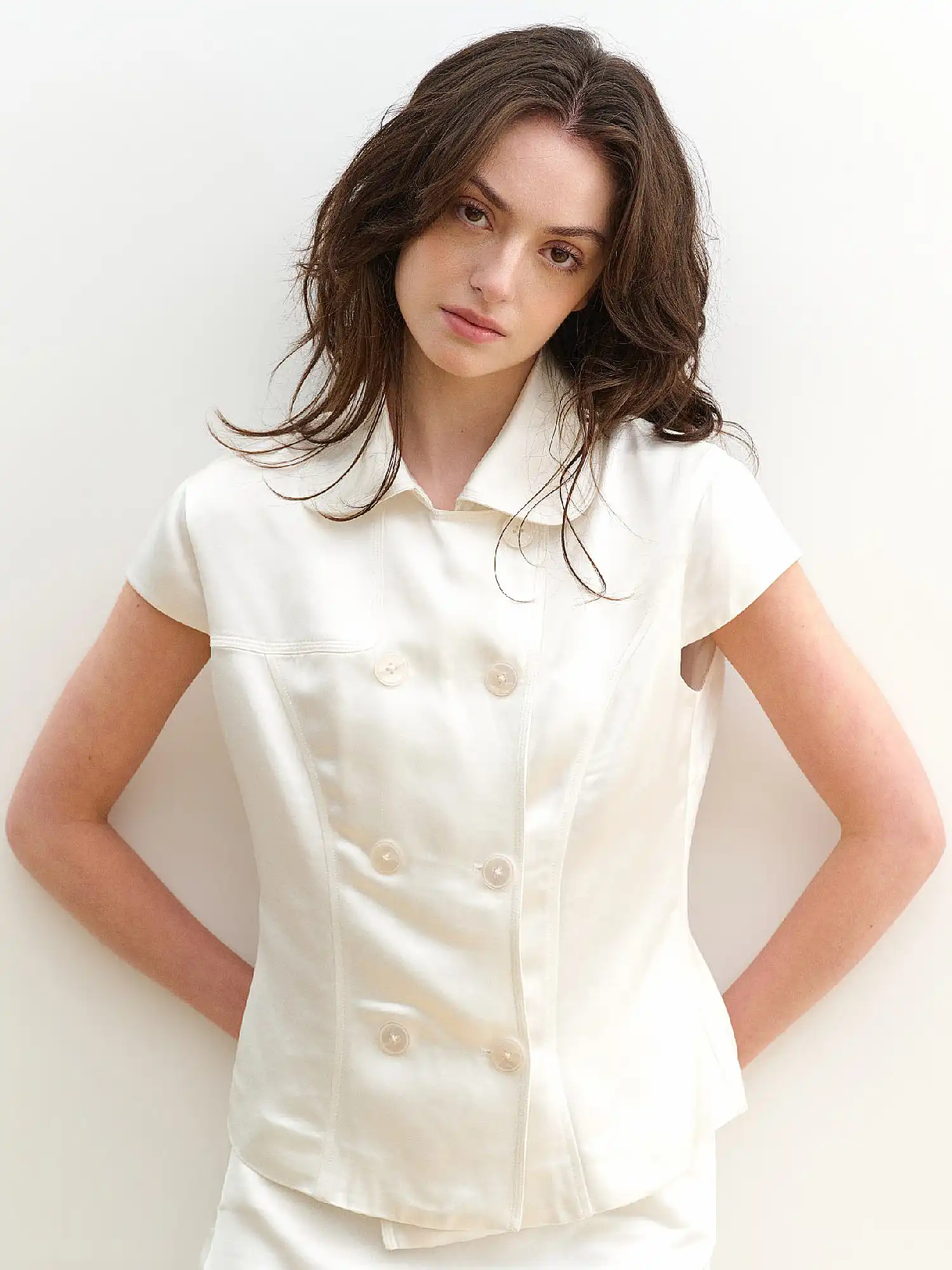 Double Breasted White Satin Shirt - Image 3