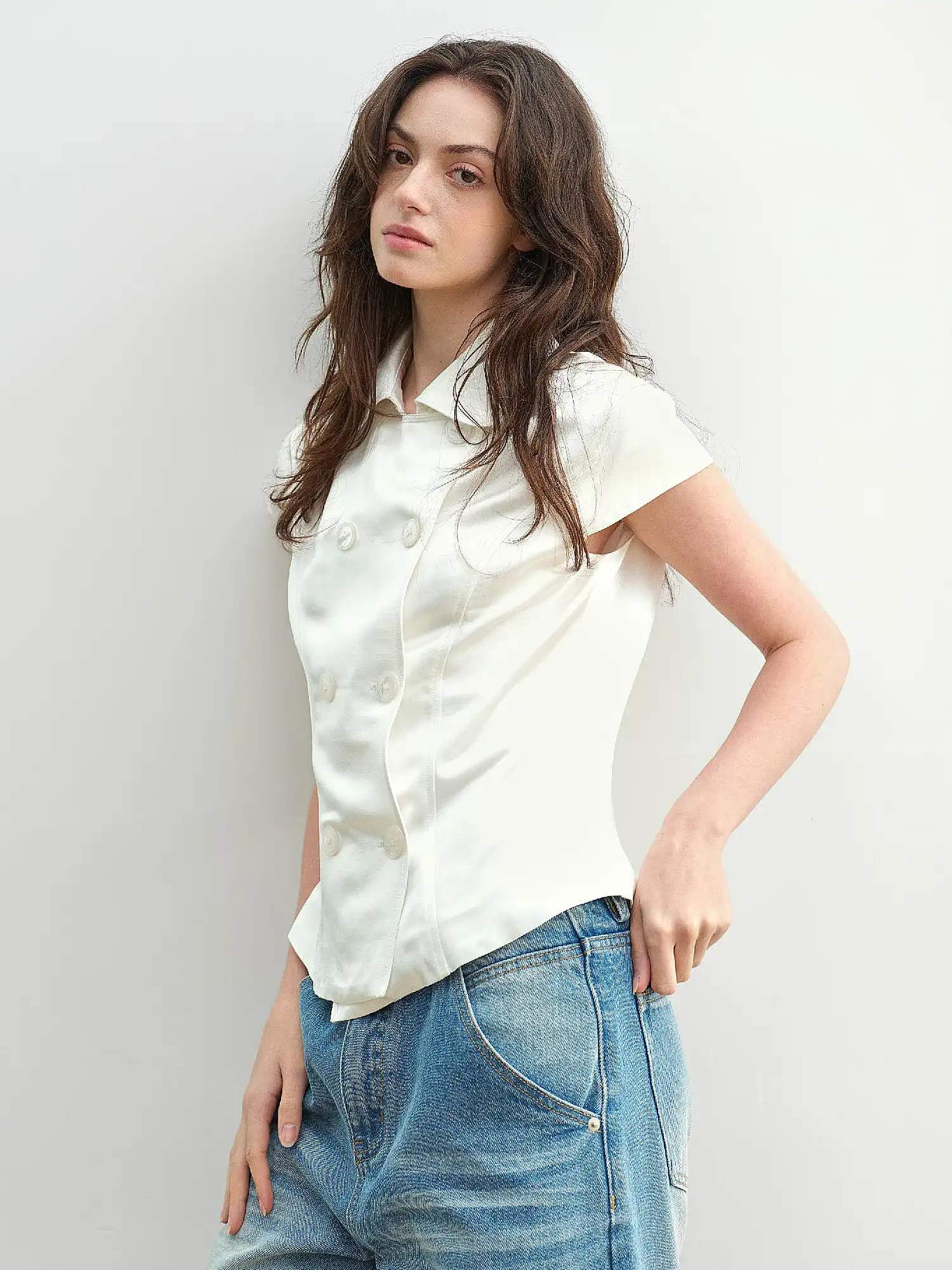 Double Breasted White Satin Shirt - Image 4