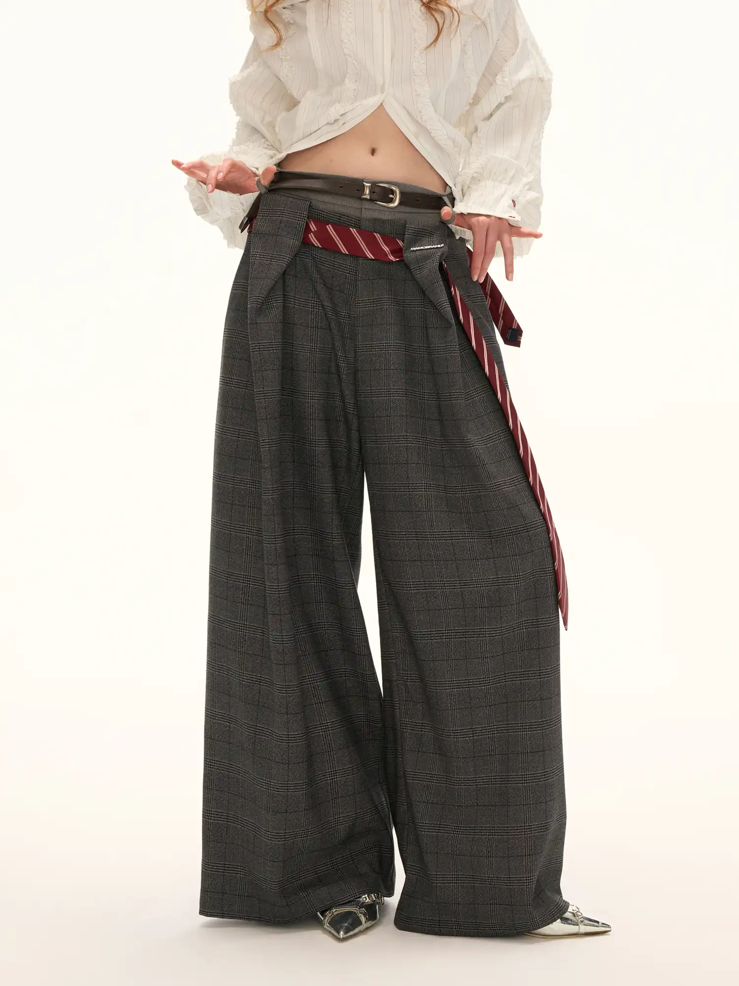 Double Waisted Glen Check Wide Leg Trousers
