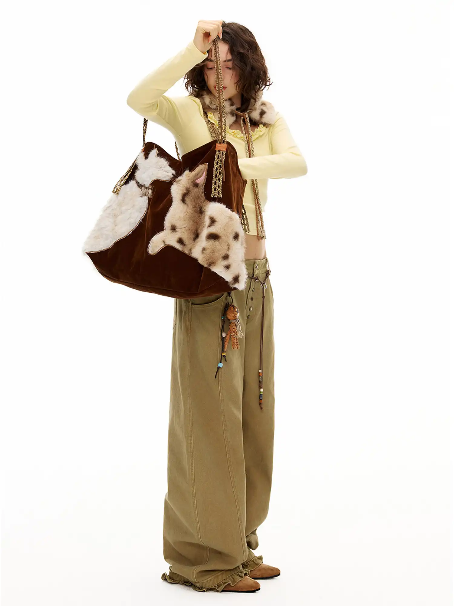 Faux Fur Cat Embroidered Suede Tote Bag - Image 5