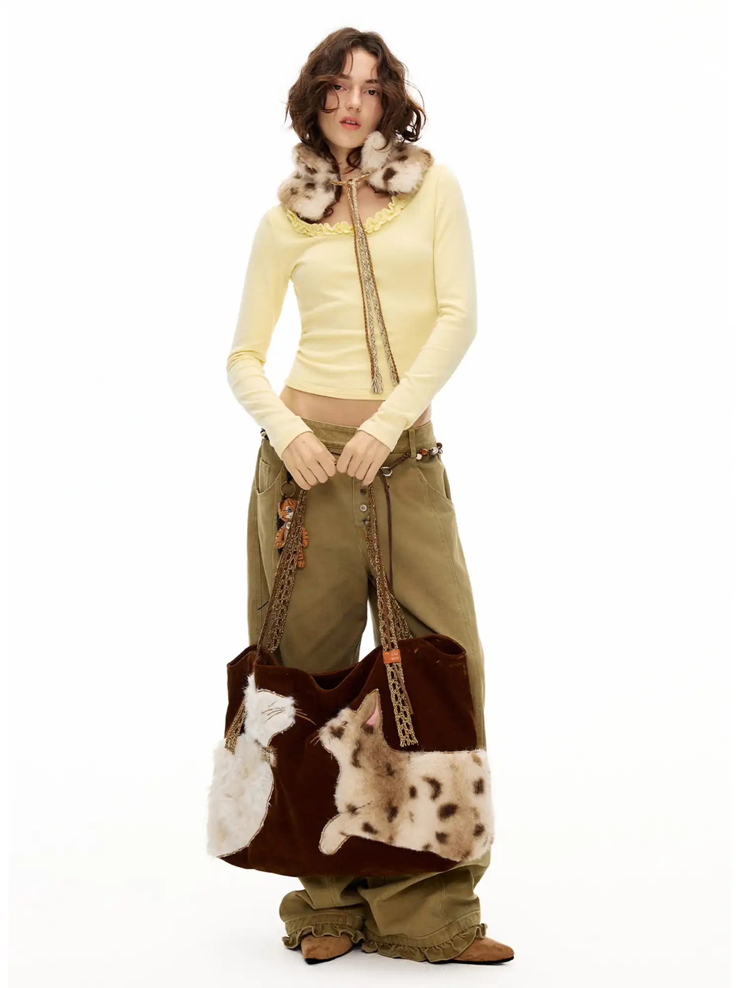 Faux Fur Cat Embroidered Suede Tote Bag - Image 6
