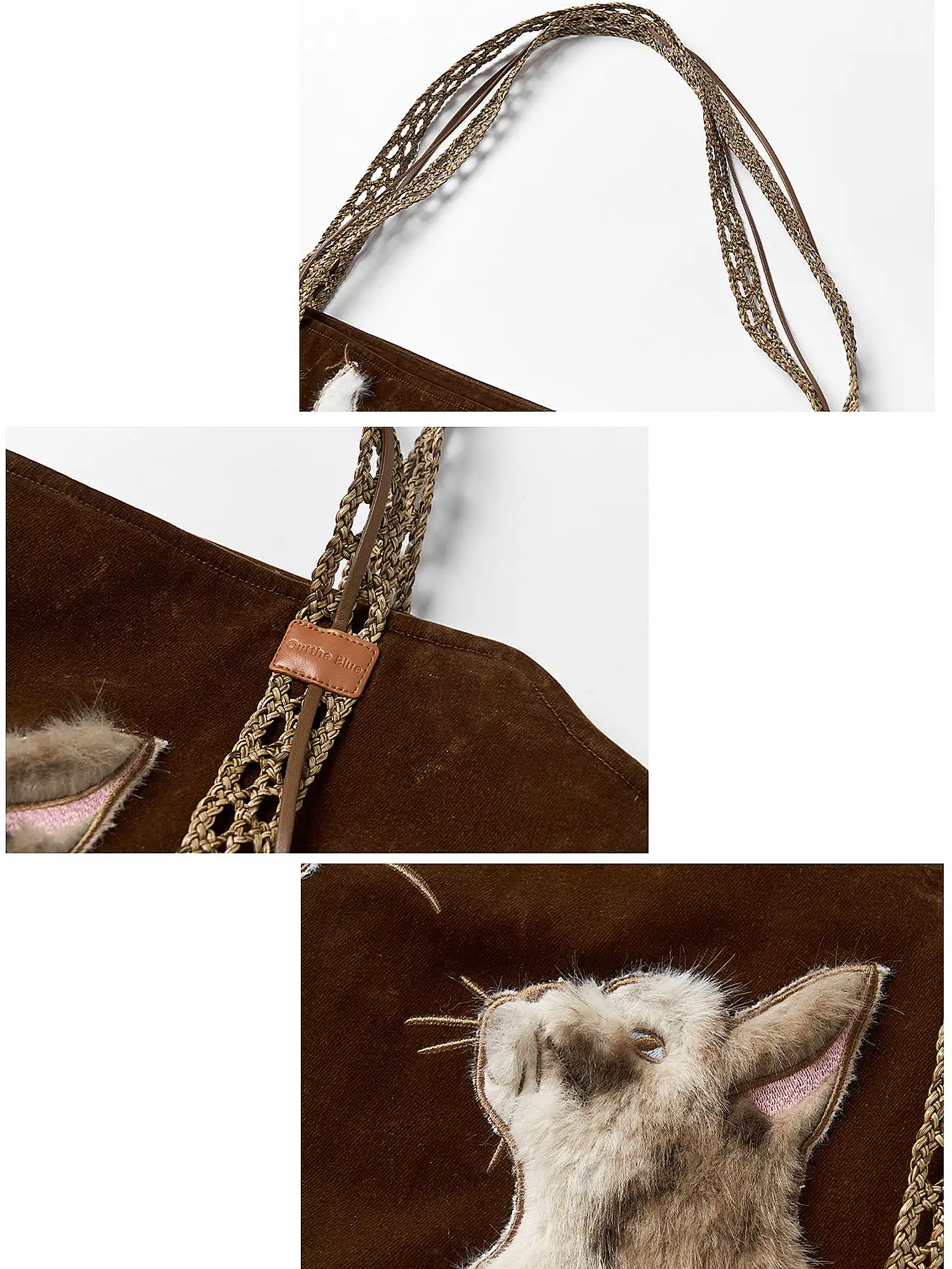 Faux Fur Cat Embroidered Suede Tote Bag - Image 8