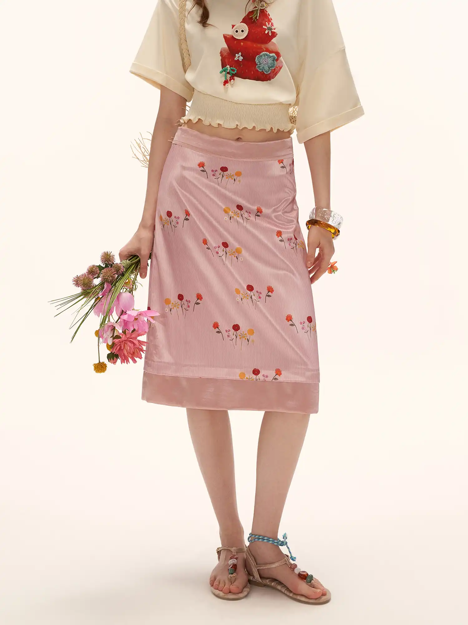 French Floral Silky Satin Midi Skirt - Image 3