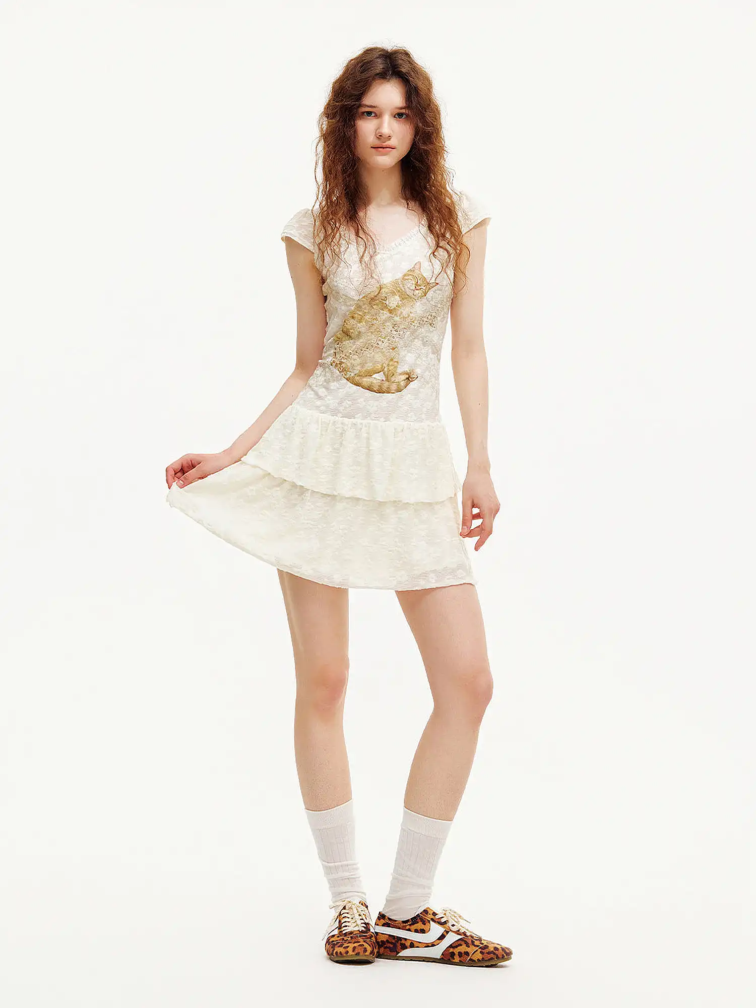 Ginger Cat V-Neck Lace Mini Dress
