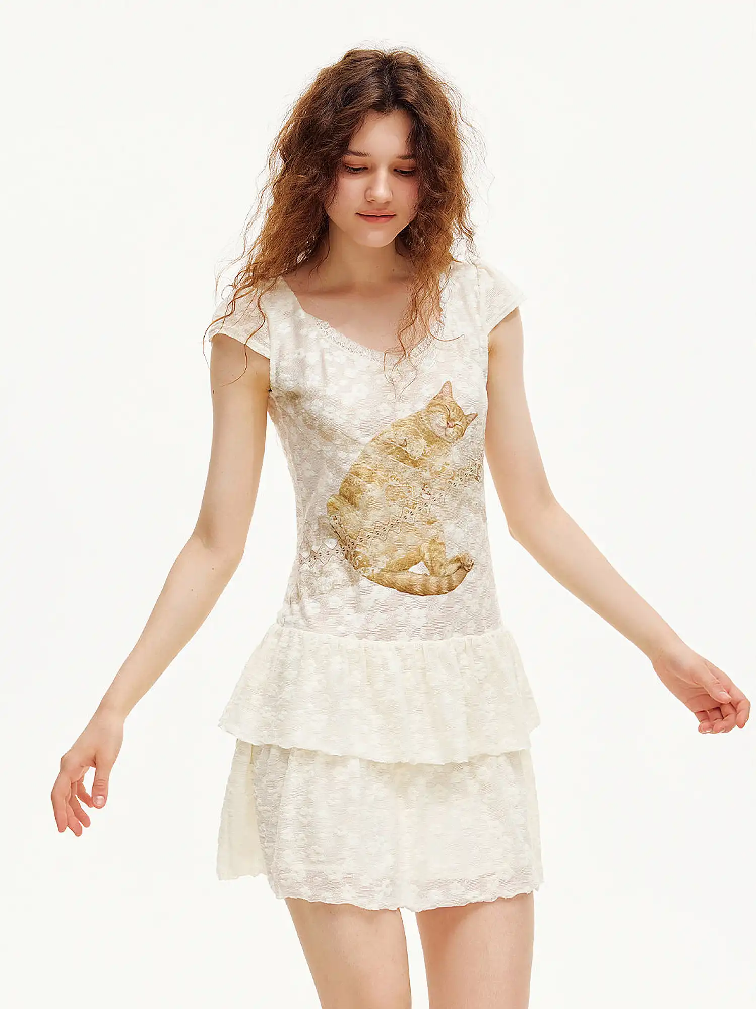 Ginger Cat V-Neck Lace Mini Dress - Image 2