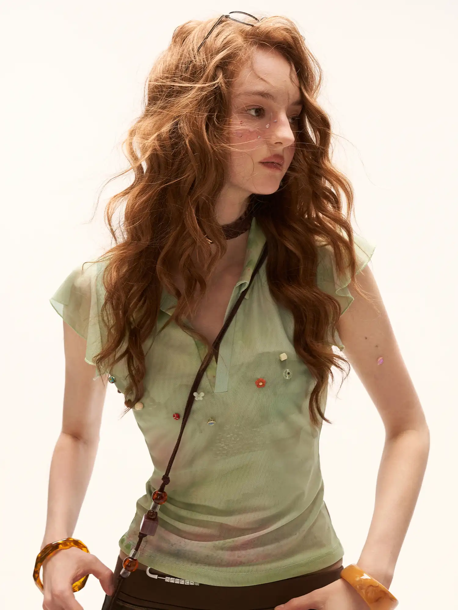 Green Flutter Sleeve Beaded Polo Top