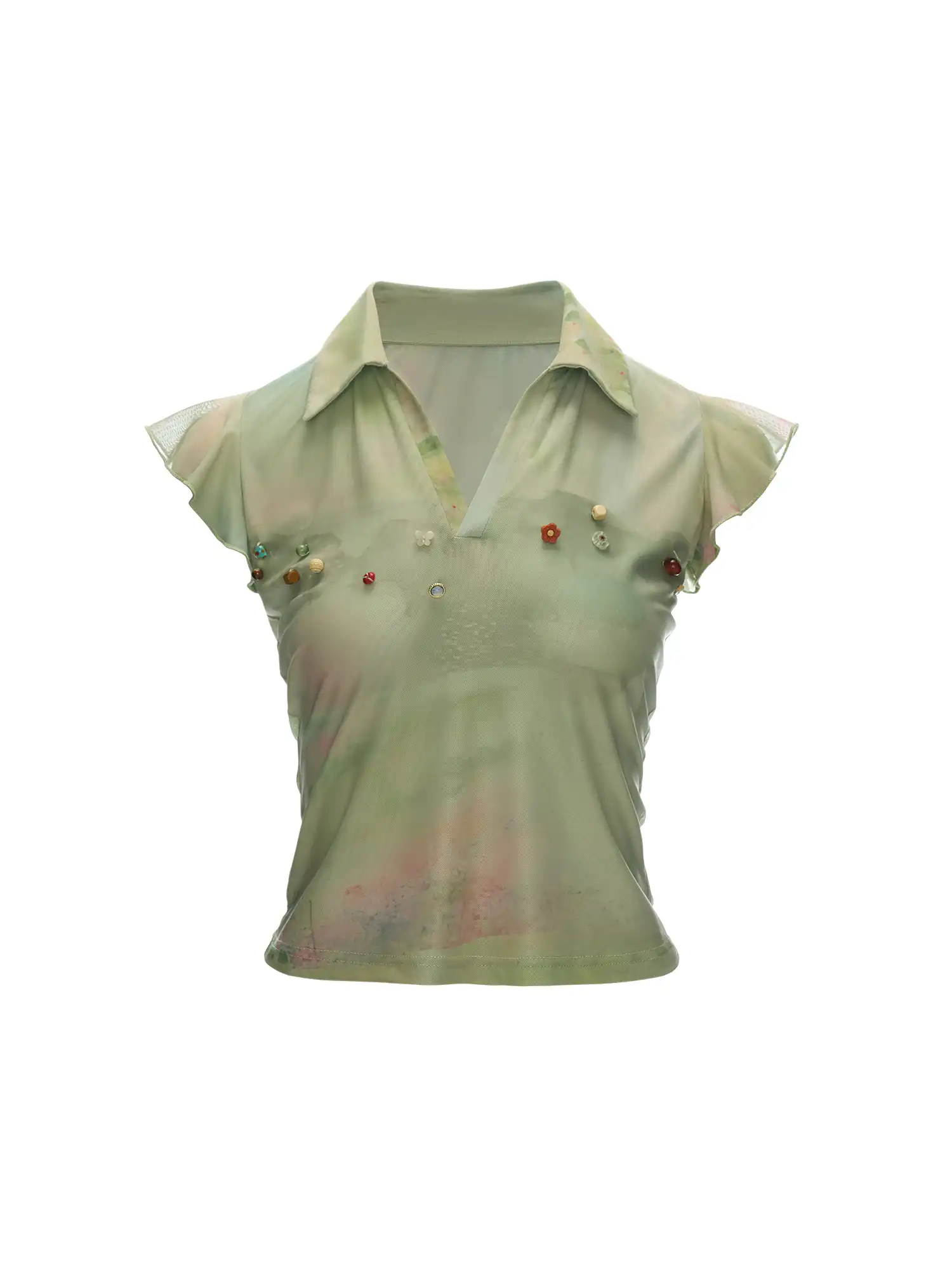 Green Flutter Sleeve Beaded Polo Top - Image 4