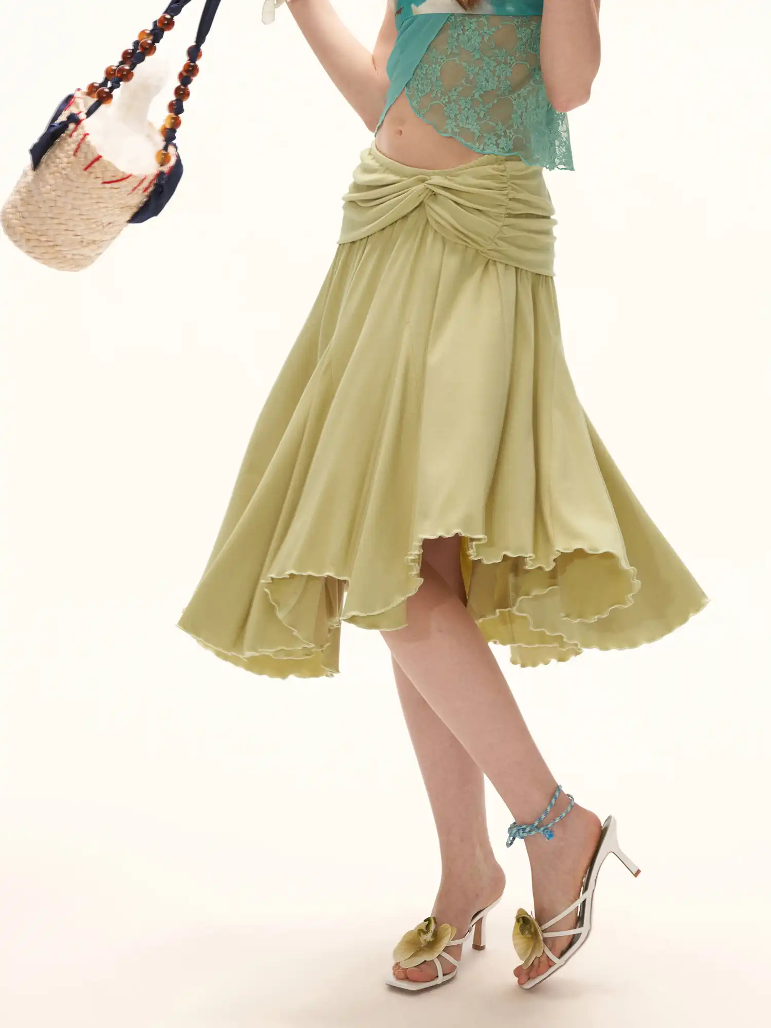 Green Fold Over Asymmetric Hem Midi Skirt - Image 3