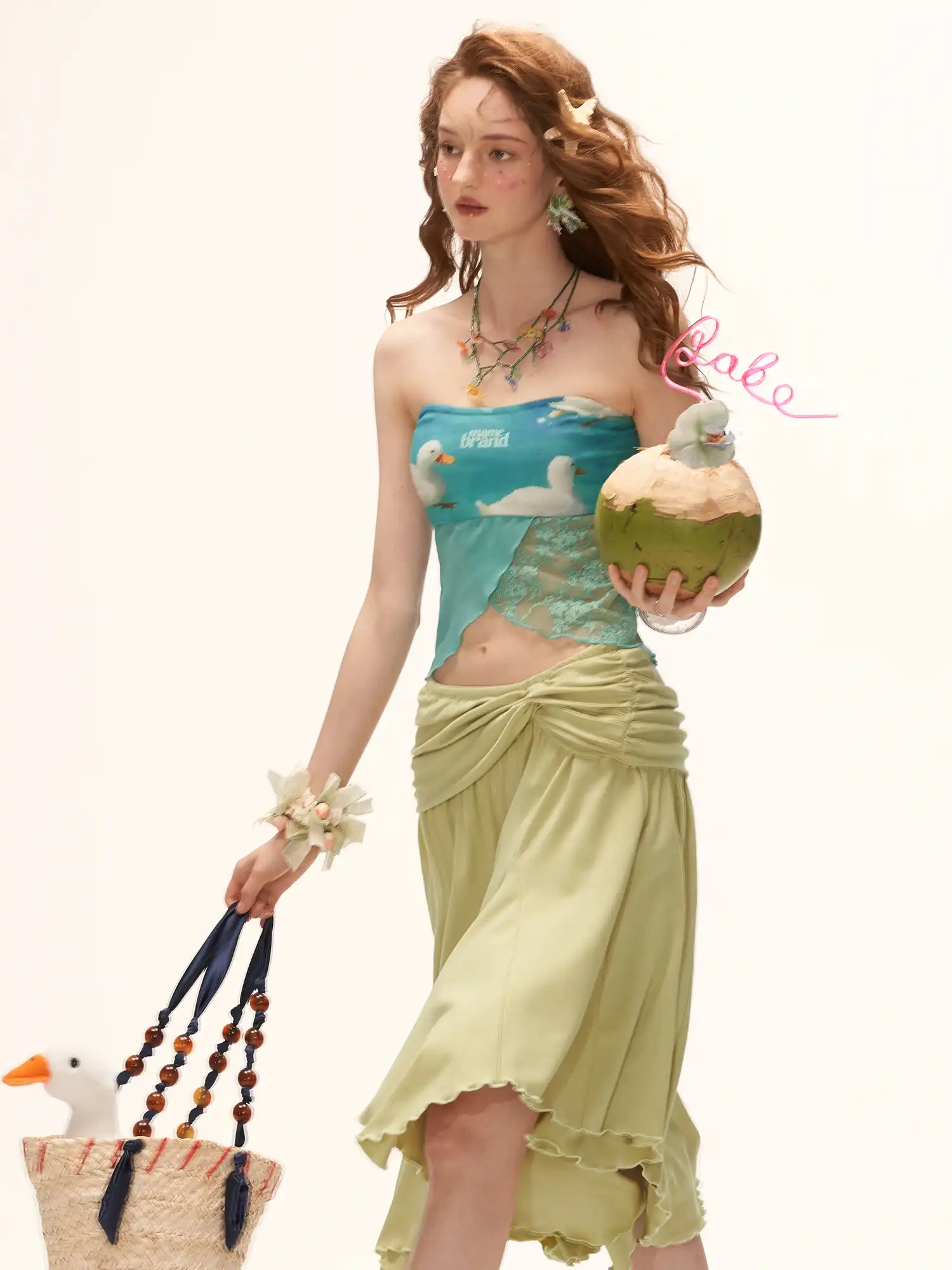 Green Fold Over Asymmetric Hem Midi Skirt - Image 4