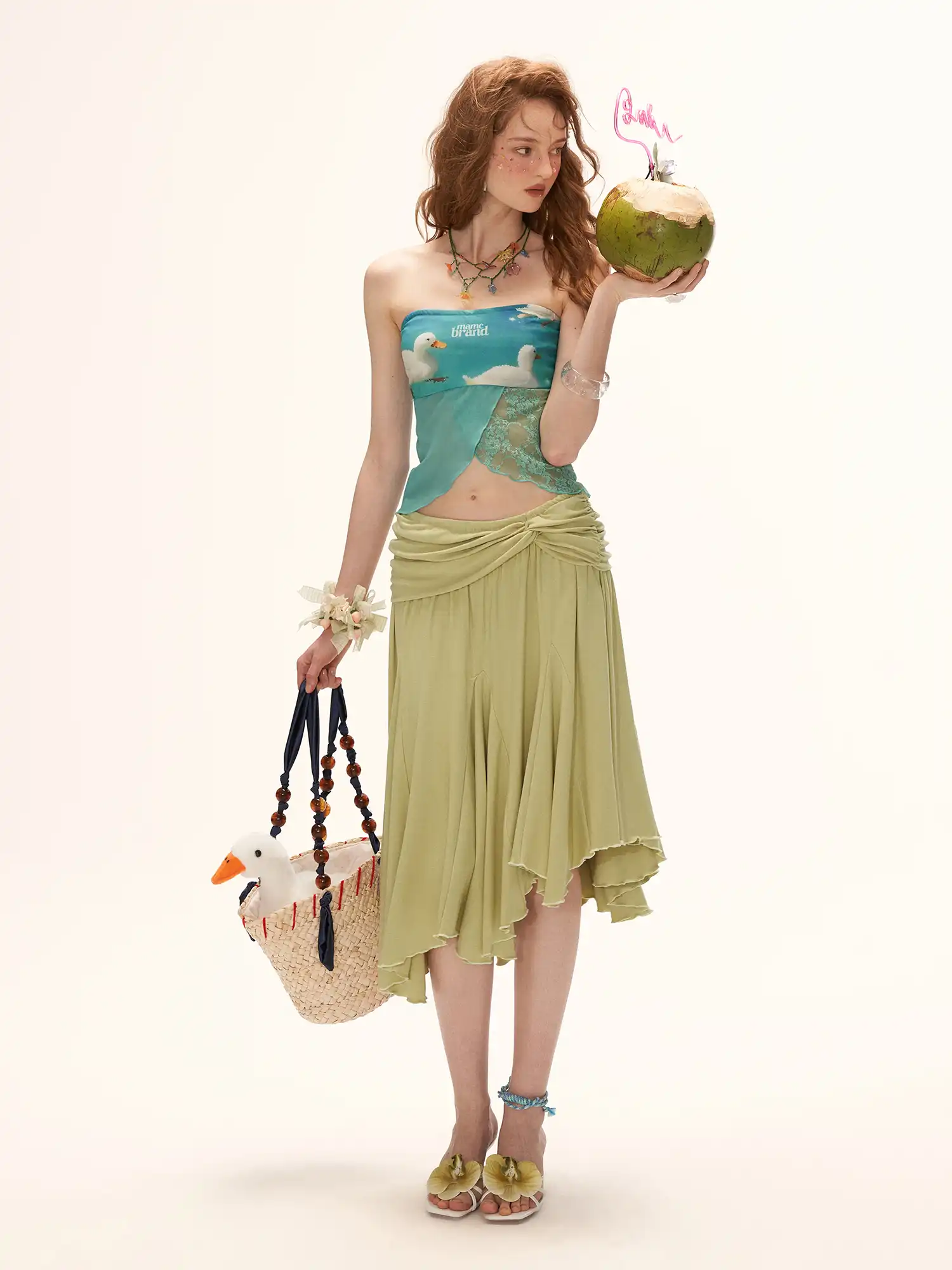 Green Fold Over Asymmetric Hem Midi Skirt - Image 5