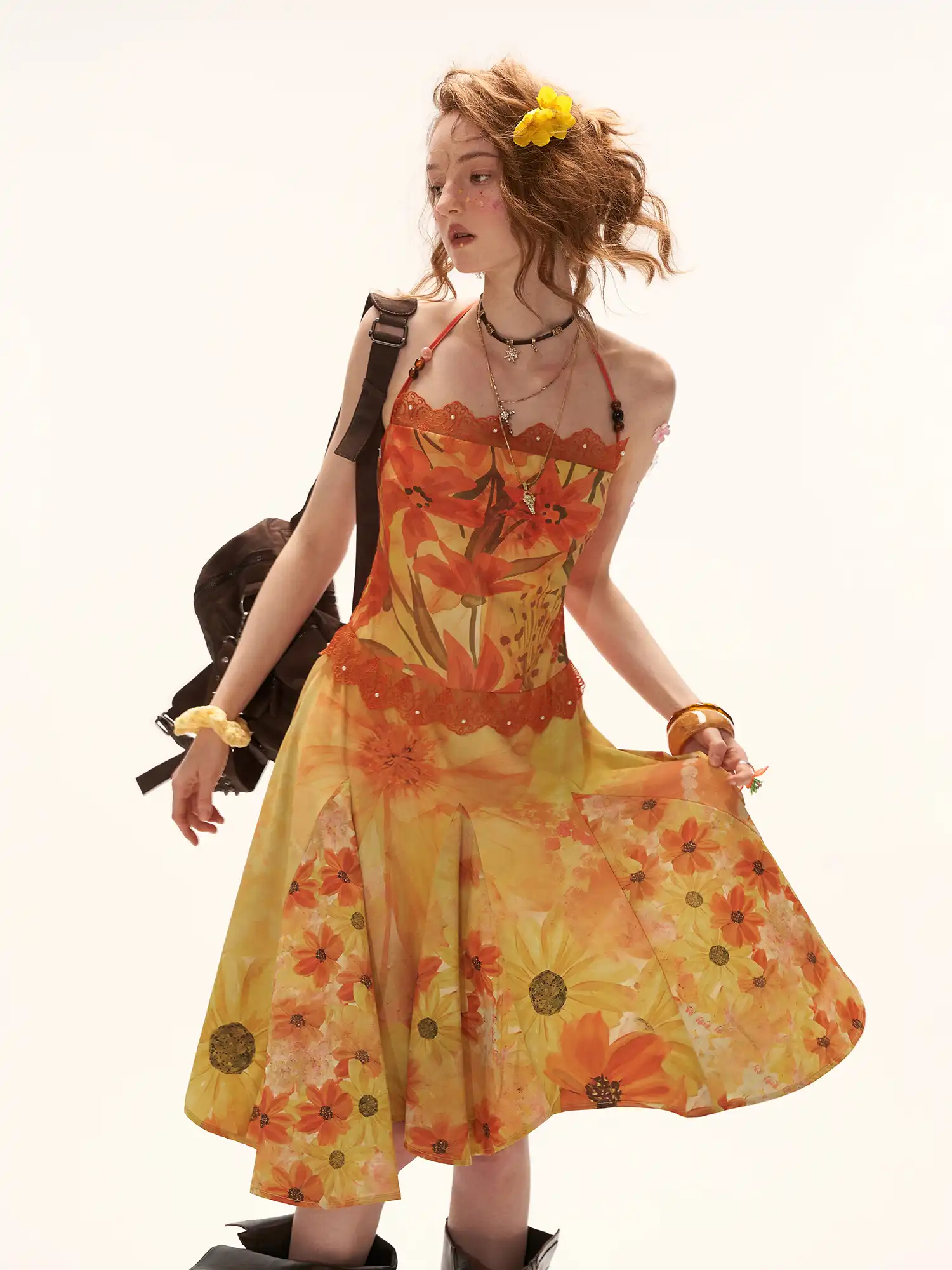 Halterneck Tie Yellow Floral Print Midi Dress - Image 2