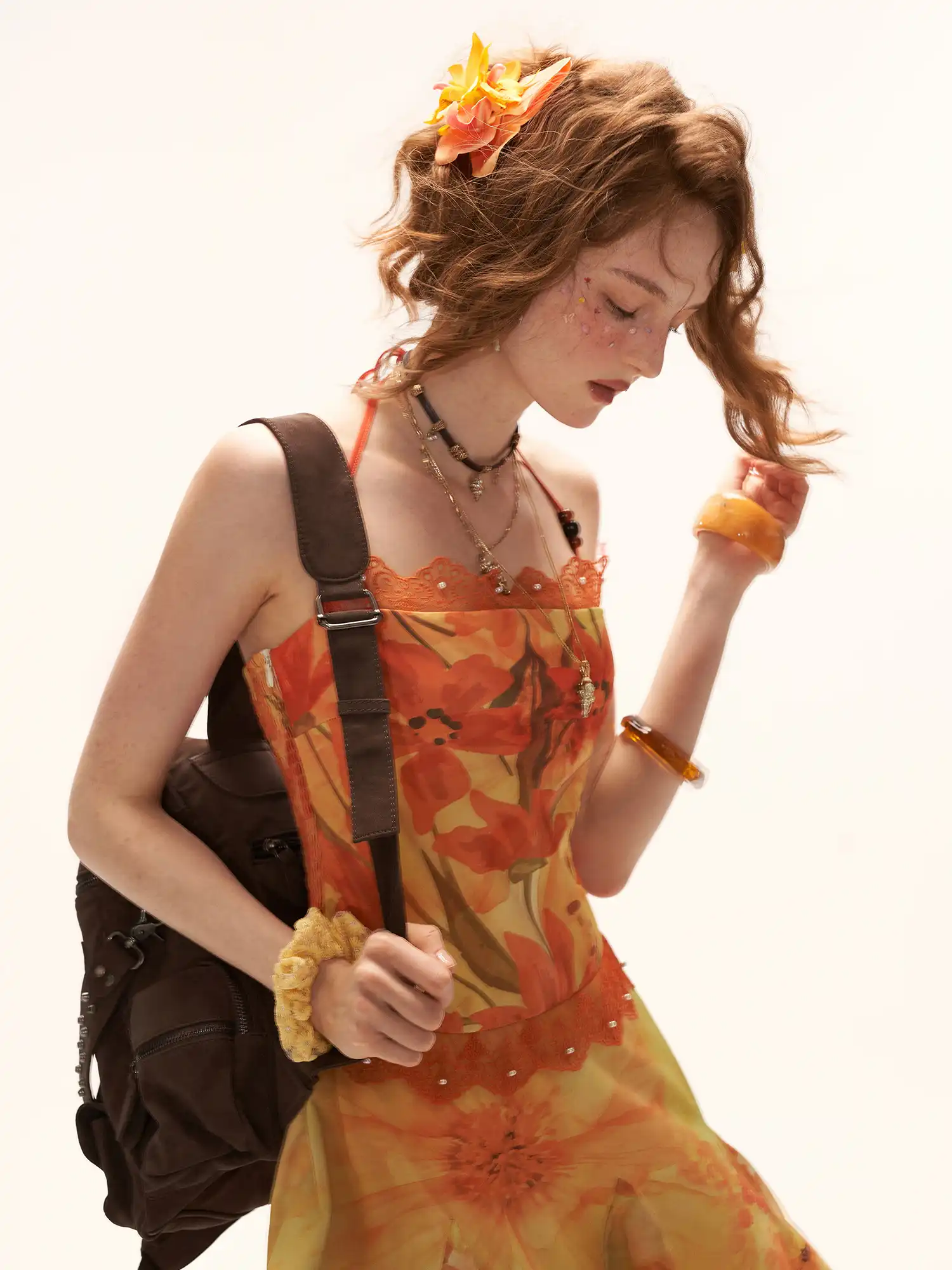 Halterneck Tie Yellow Floral Print Midi Dress - Image 3