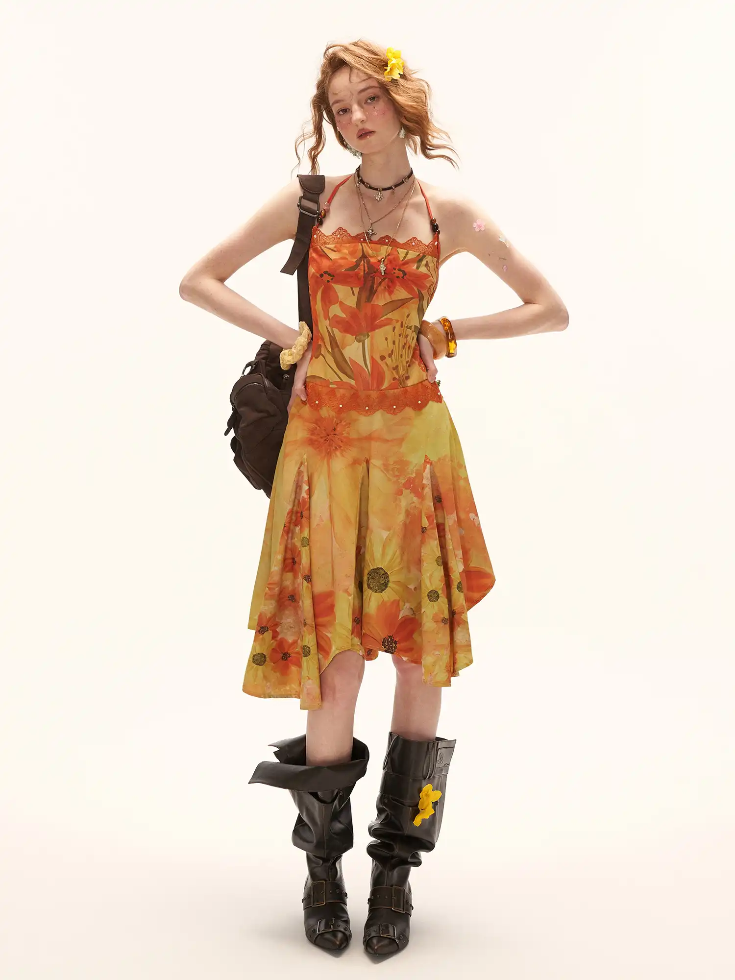 Halterneck Tie Yellow Floral Print Midi Dress - Image 5