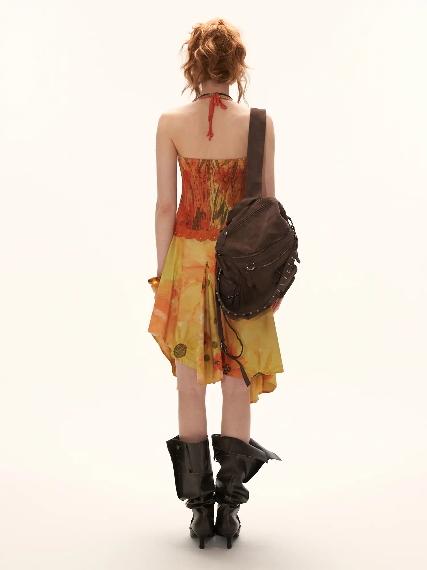 Halterneck Tie Yellow Floral Print Midi Dress - Image 6