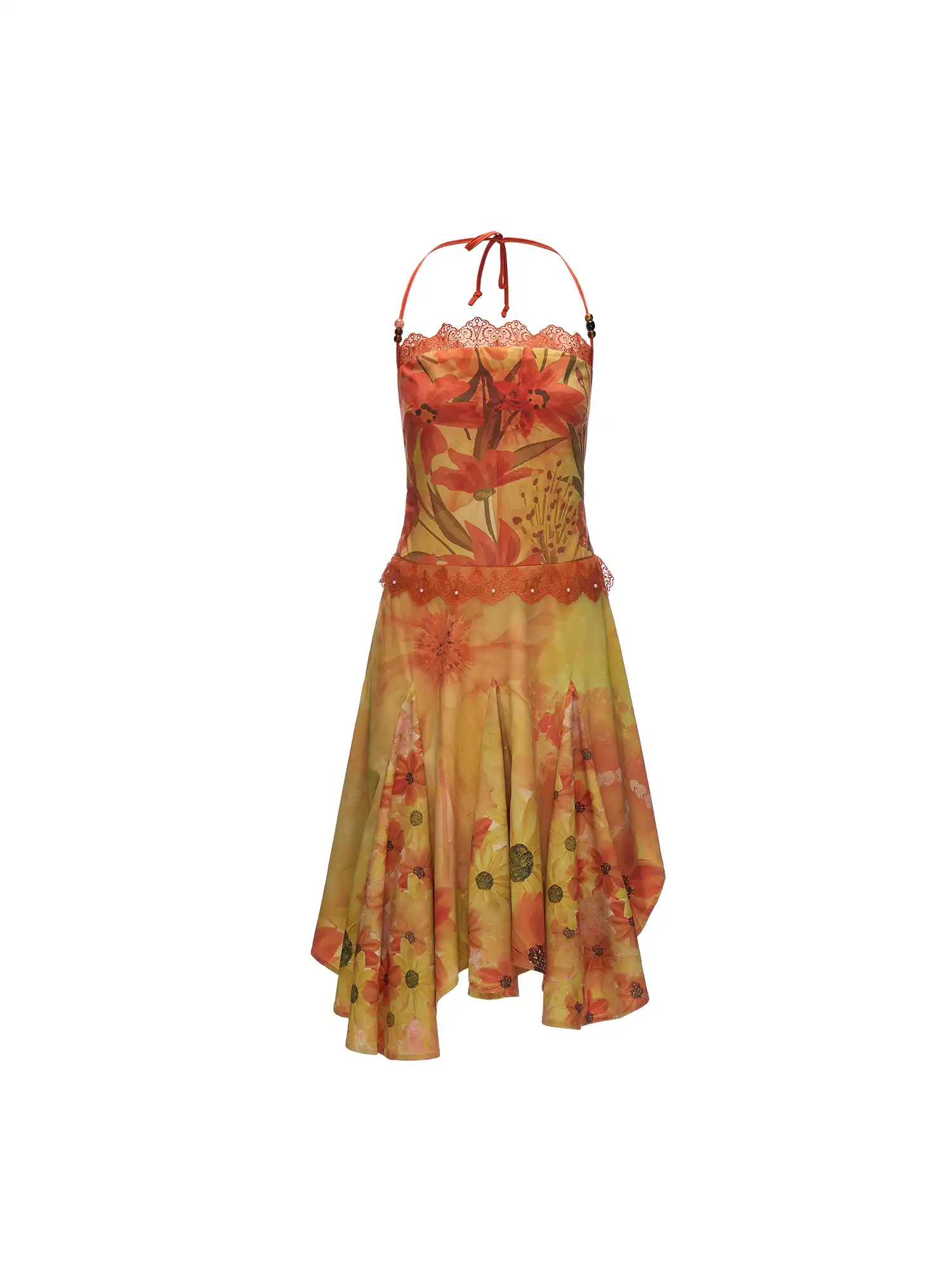 Halterneck Tie Yellow Floral Print Midi Dress - Image 7