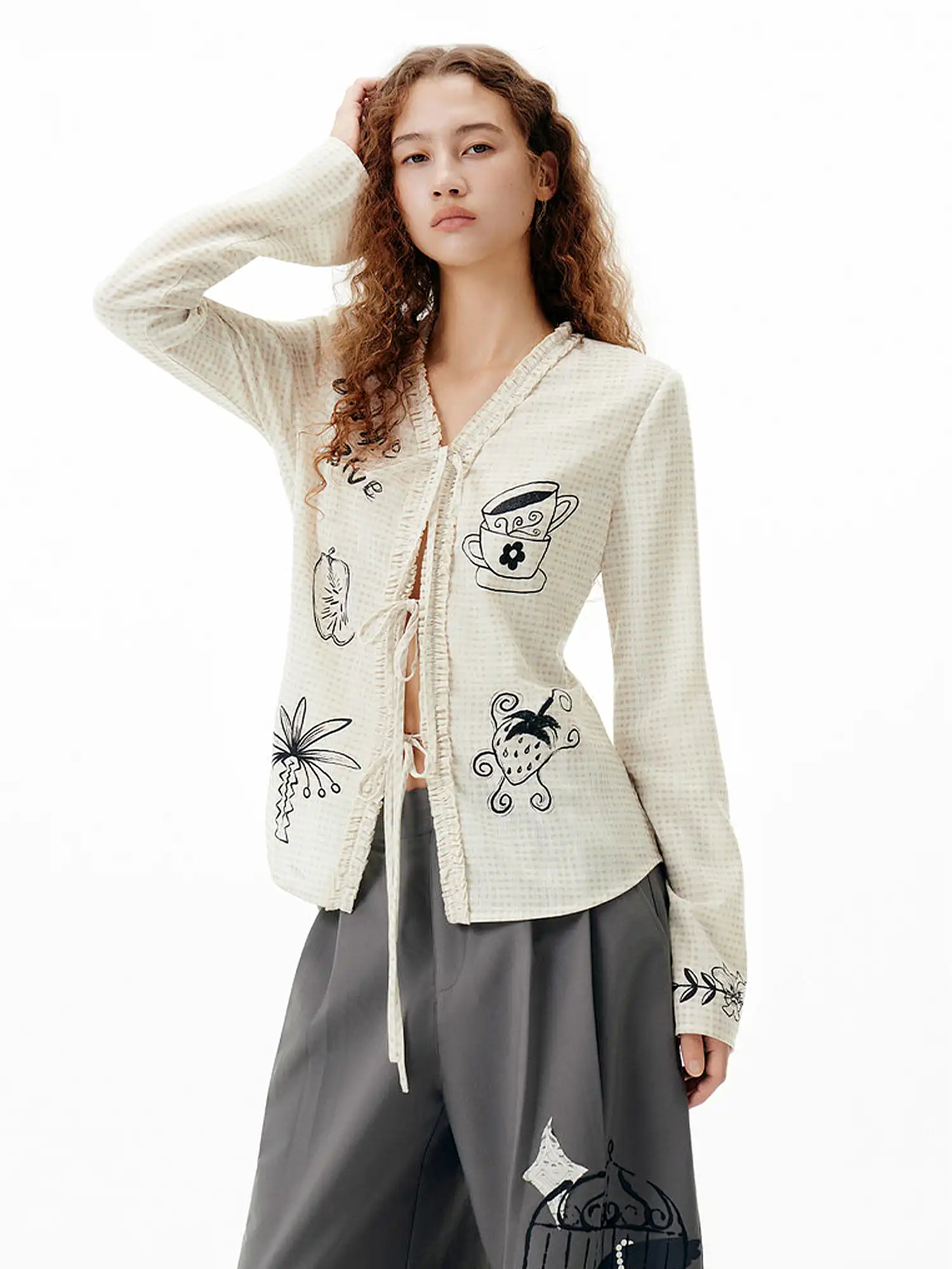 Illustrated Tie-Front Check Cardigan