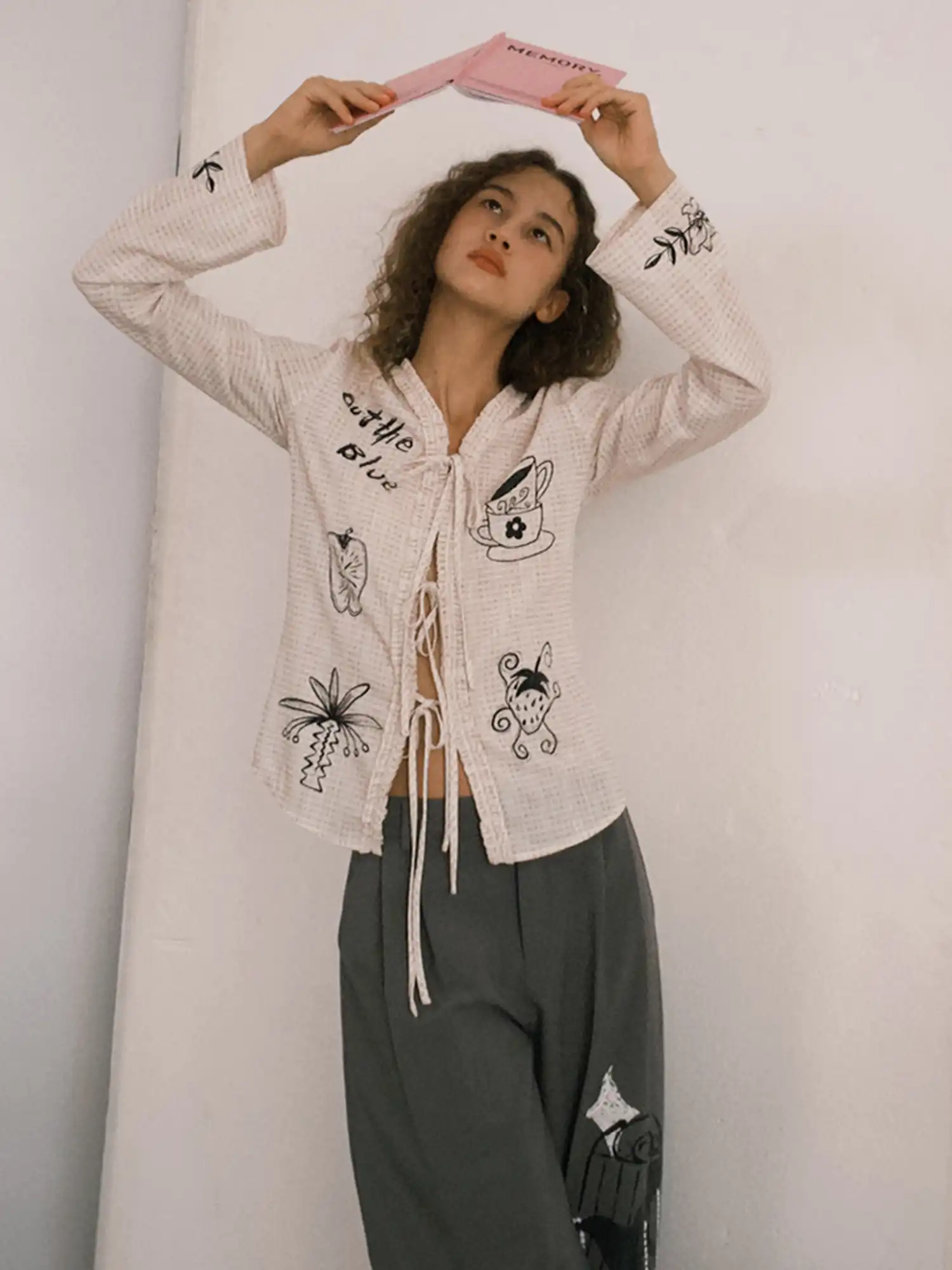 Illustrated Tie-Front Check Cardigan - Image 2