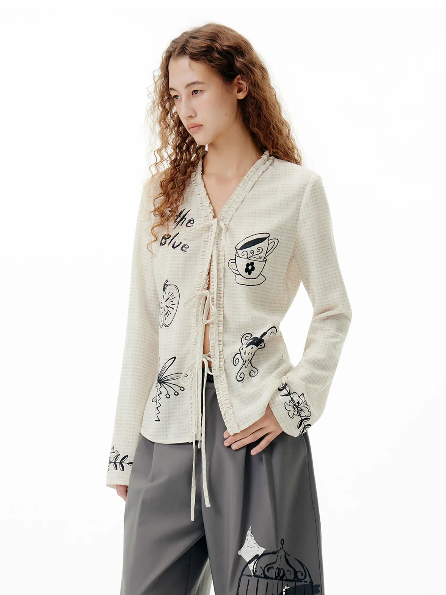 Illustrated Tie-Front Check Cardigan - Image 3