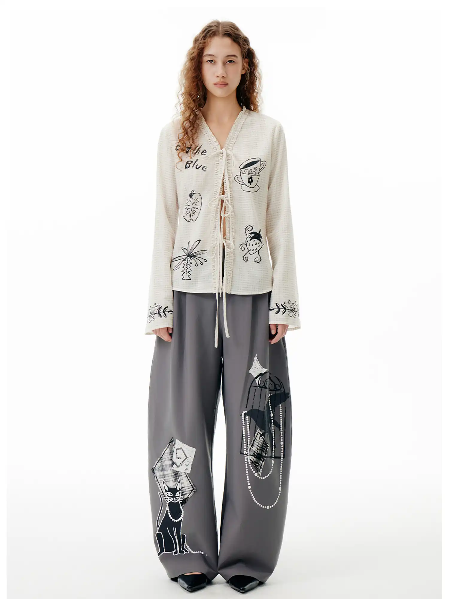 Illustrated Tie-Front Check Cardigan - Image 5