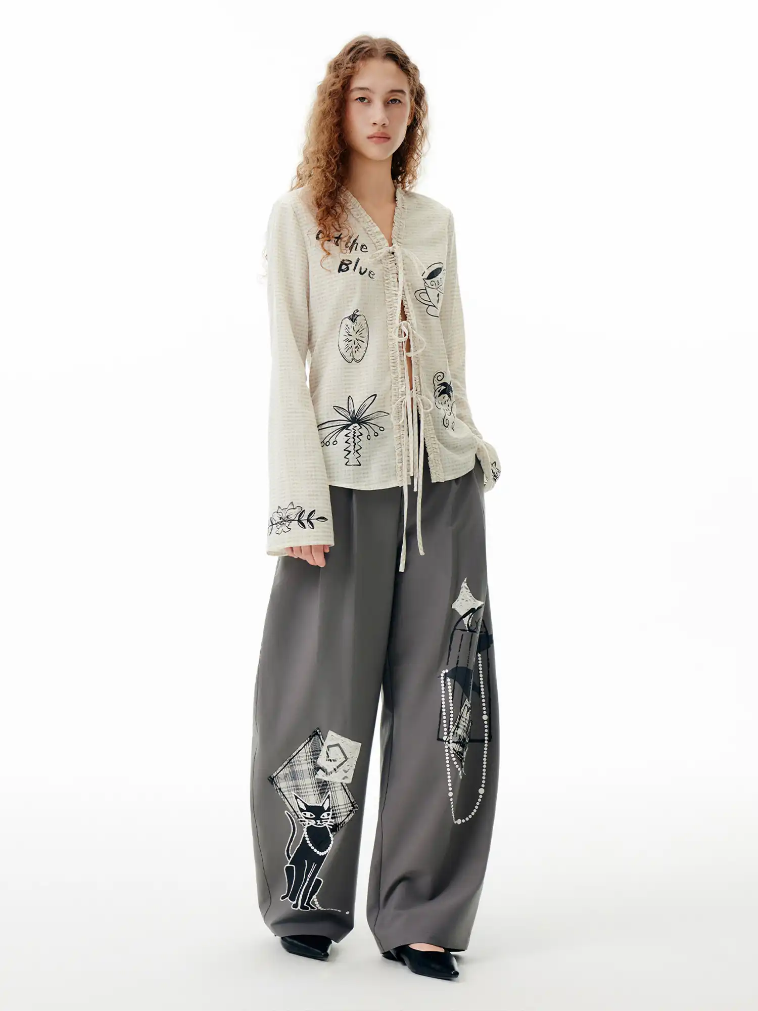 Illustrated Tie-Front Check Cardigan - Image 7