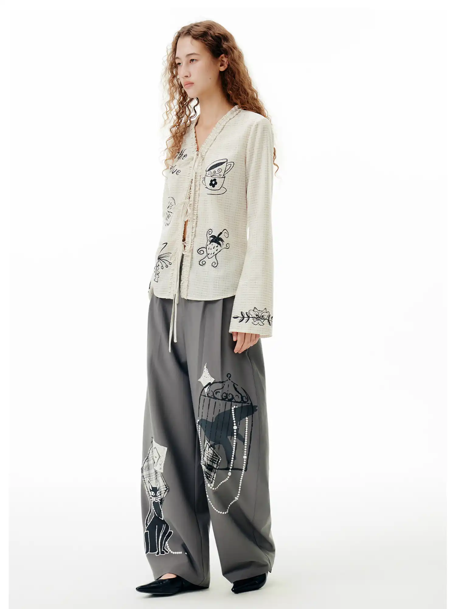 Illustrated Tie-Front Check Cardigan - Image 8