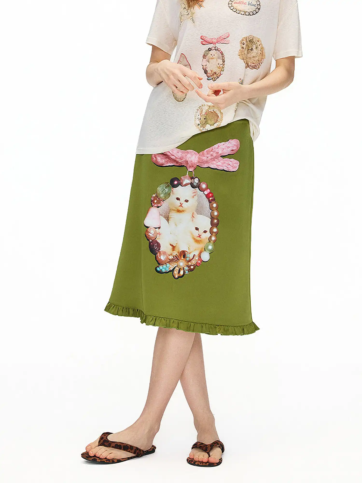 Jewel Cat Olive Satin Skirt - Image 2