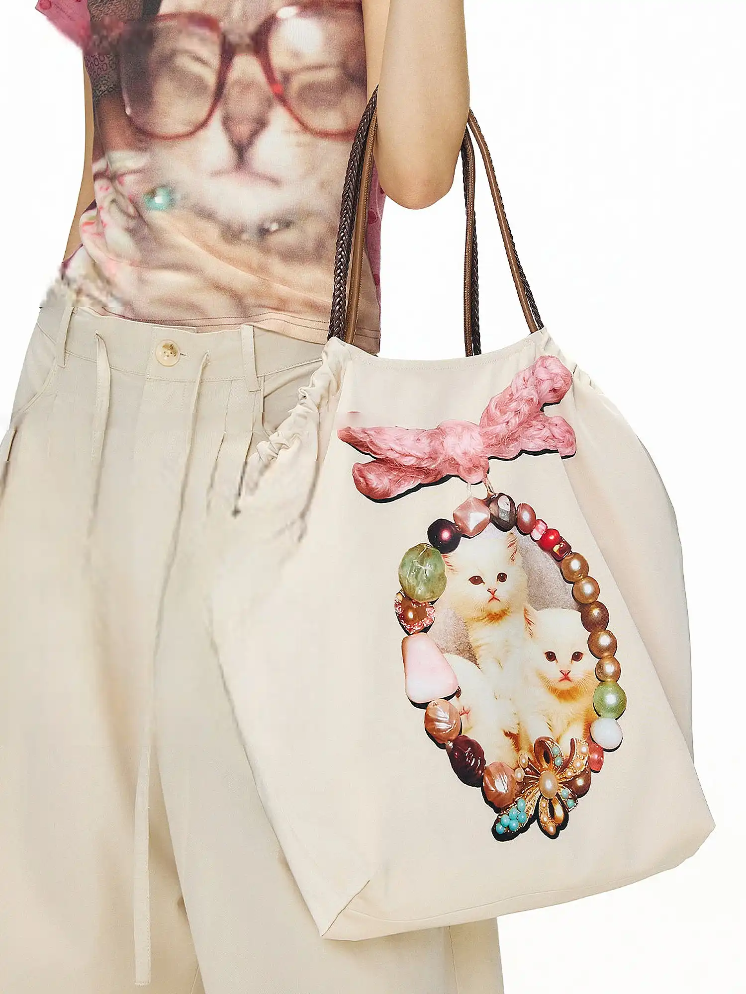 Jewel Cat Satin Drawstring Bucket Bag - Image 2