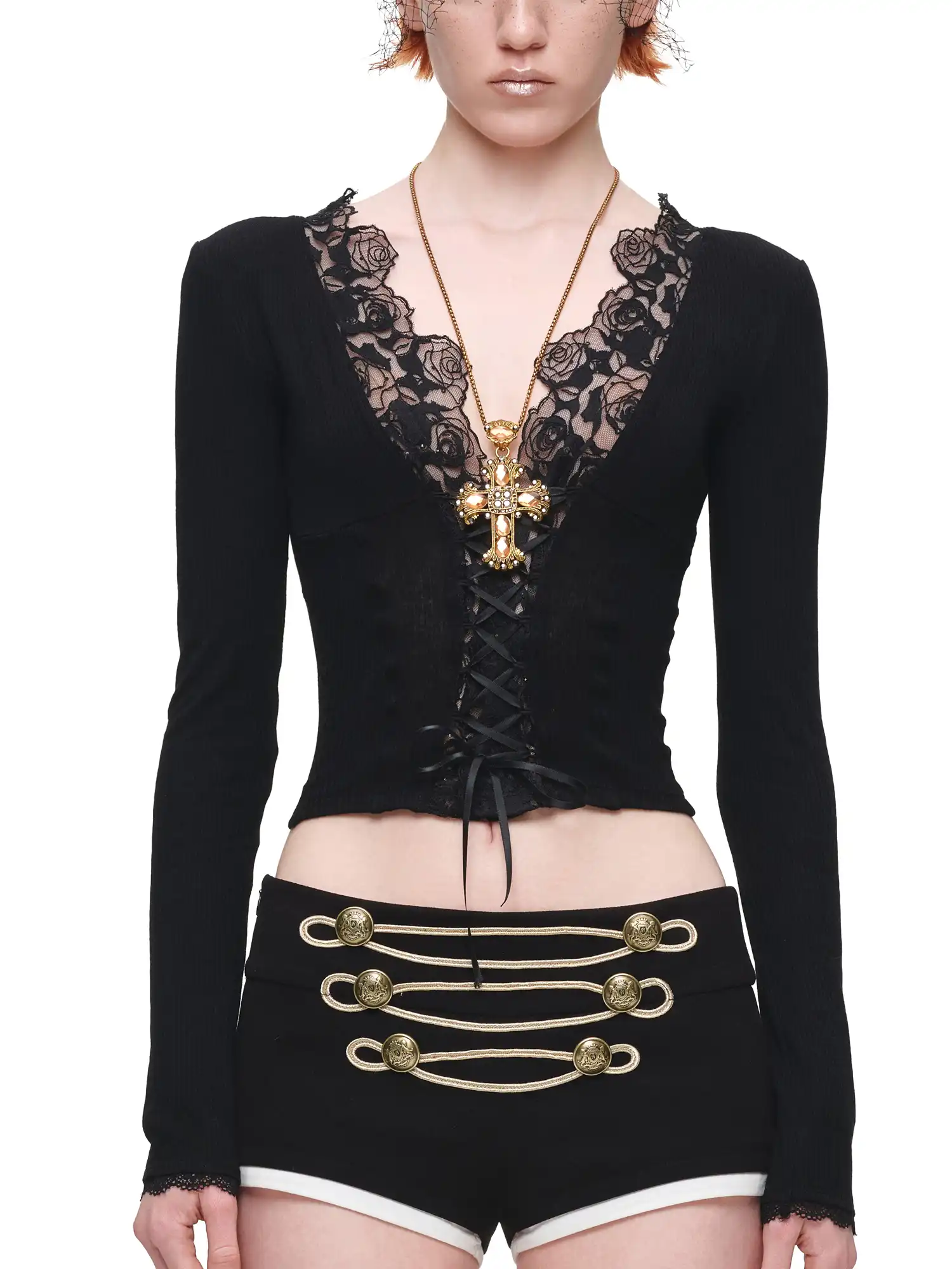 Lace-Up Front Long Sleeve Knit Corset Top - Image 9
