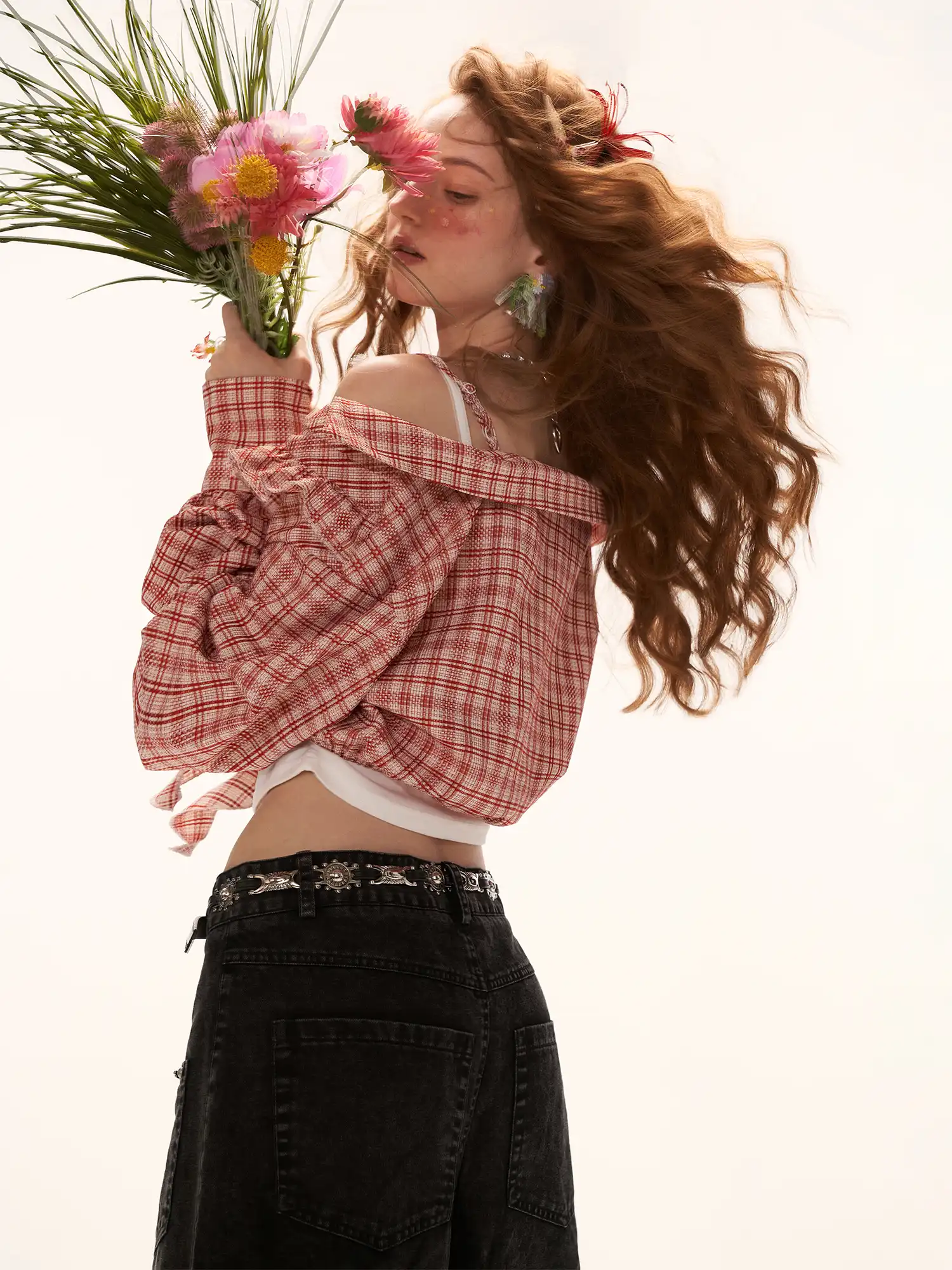 Lace-Up Plaid Bardot Top - Image 2