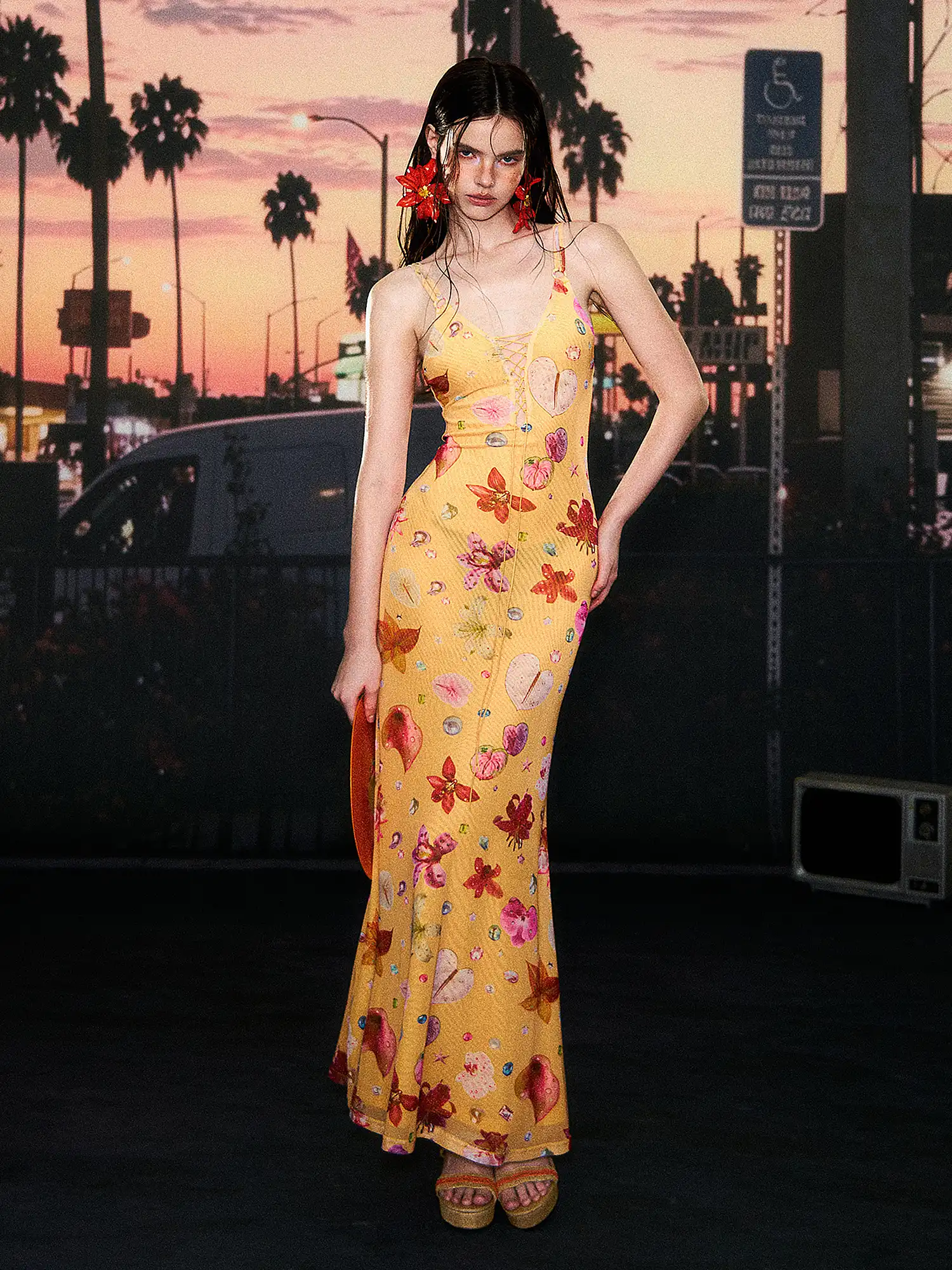 Lace Up Yellow Tropical Floral Dress