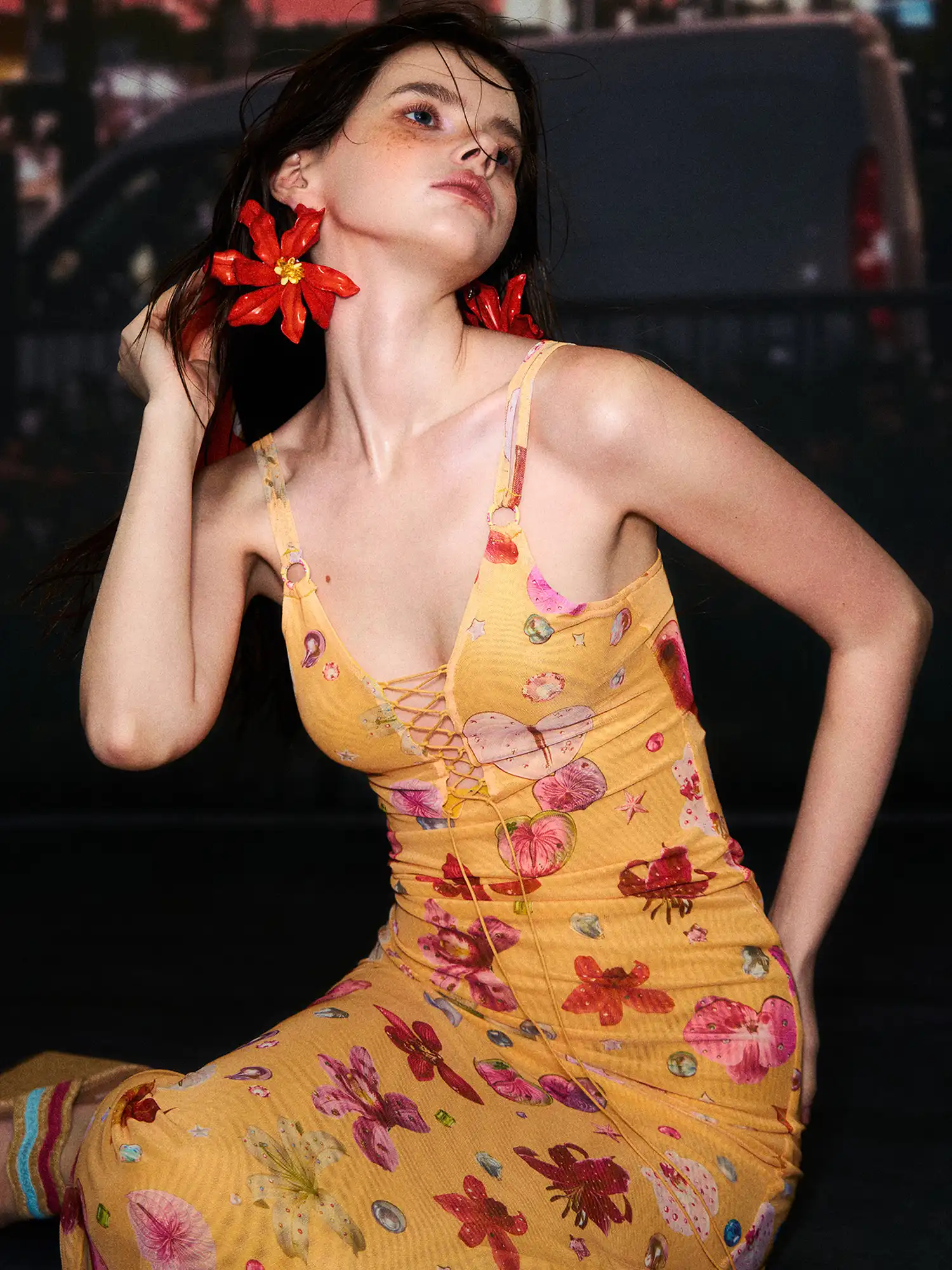 Lace Up Yellow Tropical Floral Dress - Image 2