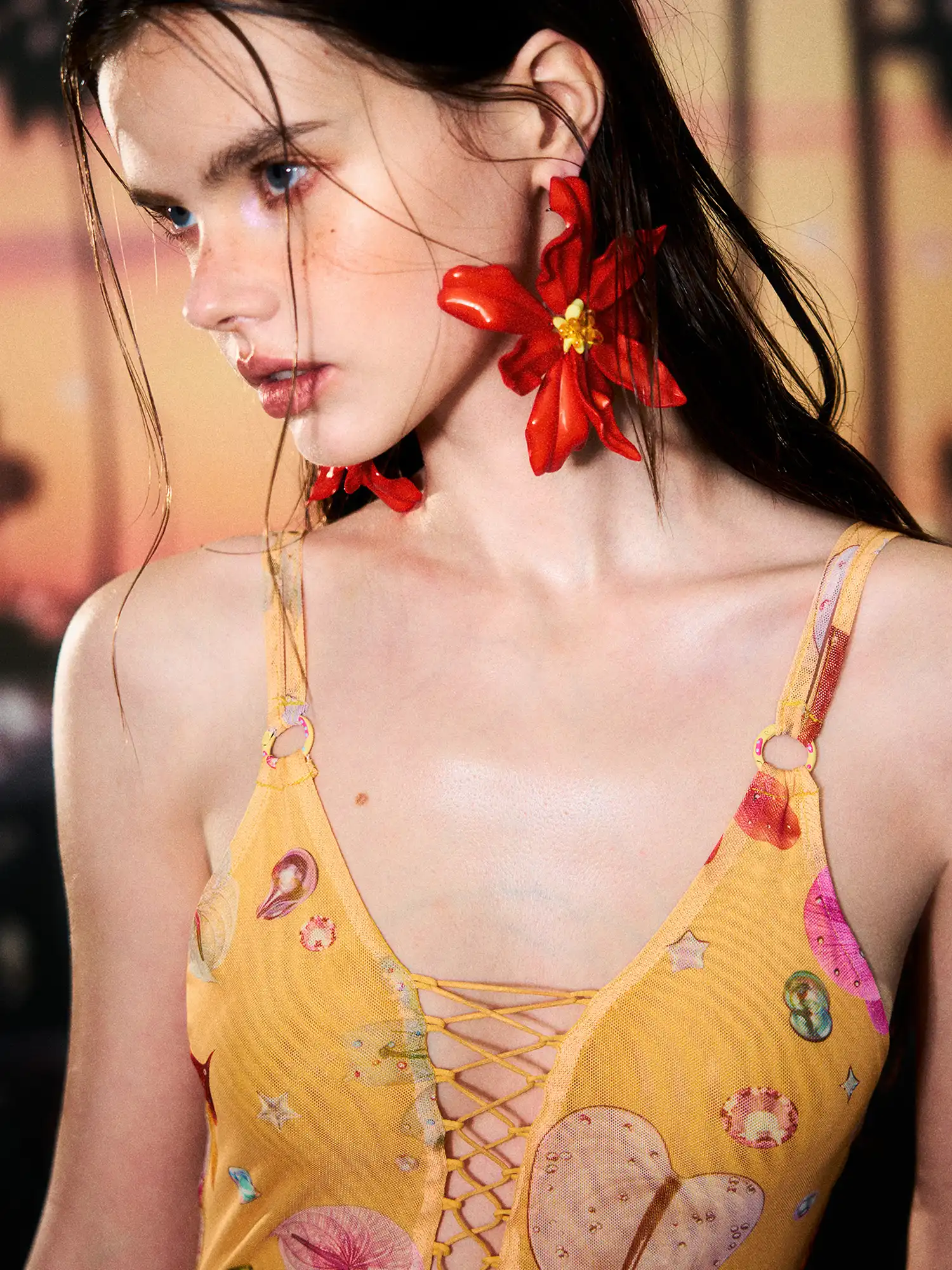 Lace Up Yellow Tropical Floral Dress - Image 3