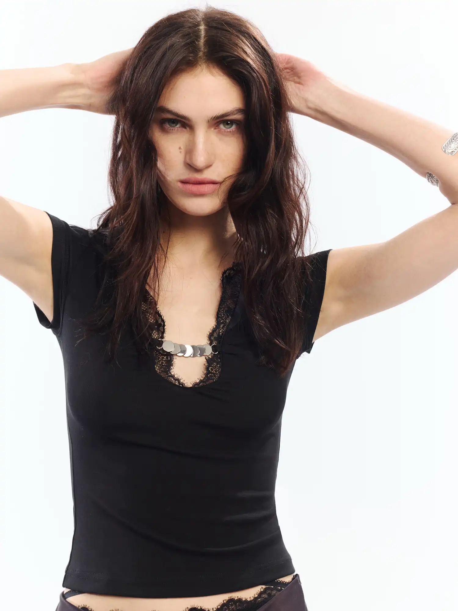 Lace V Neck Cotton Modal Cropped Top - Image 5