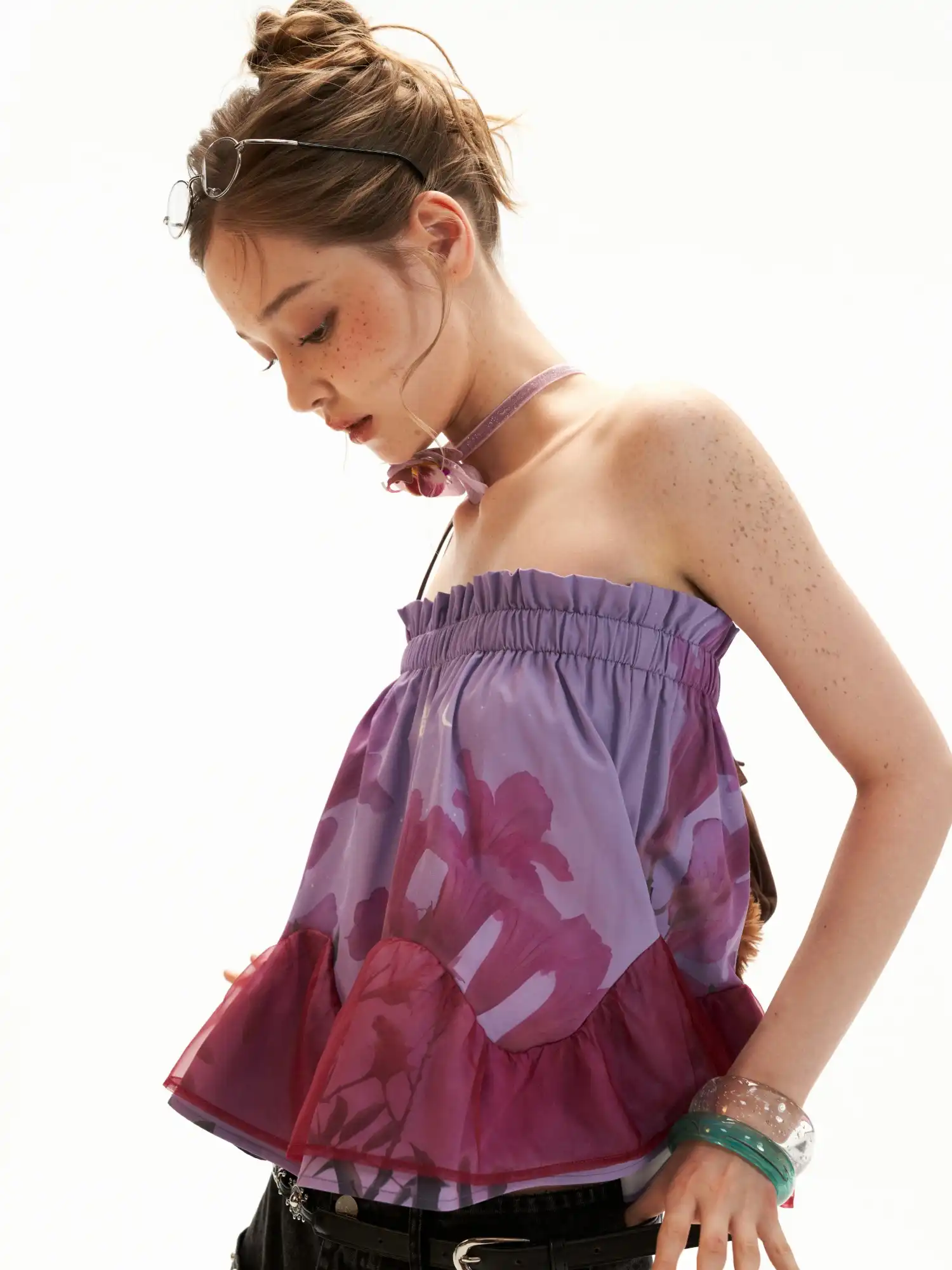 Lavender Floral Strapless Ruched Bandeau Top - Image 2