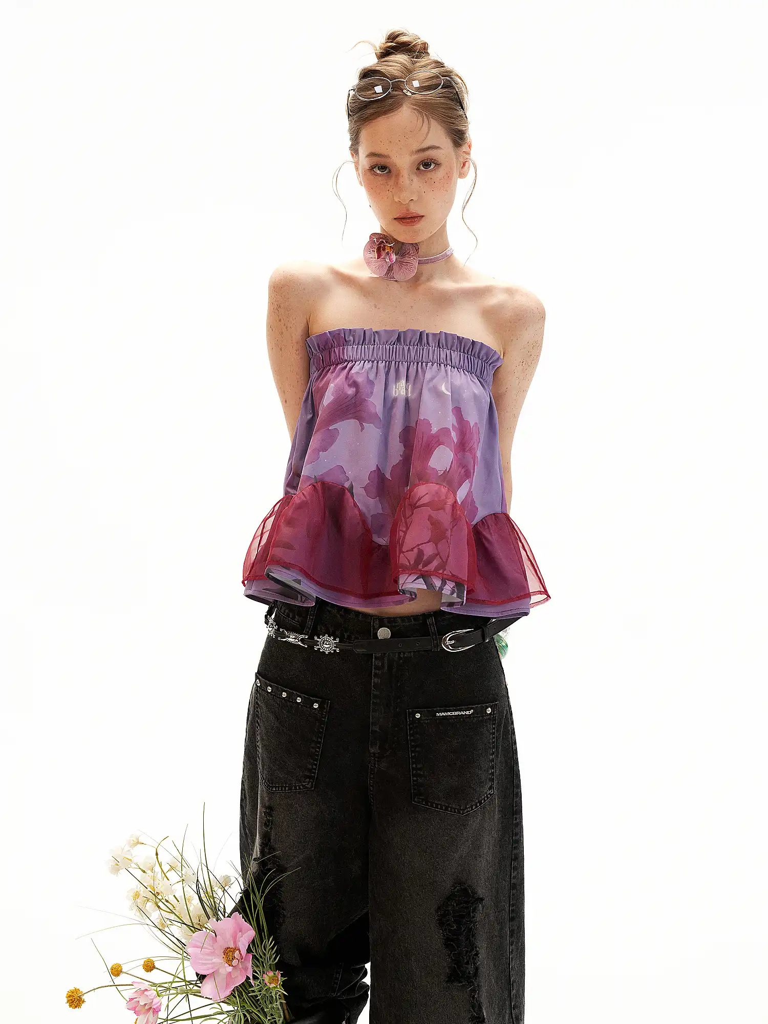 Lavender Floral Strapless Ruched Bandeau Top - Image 3