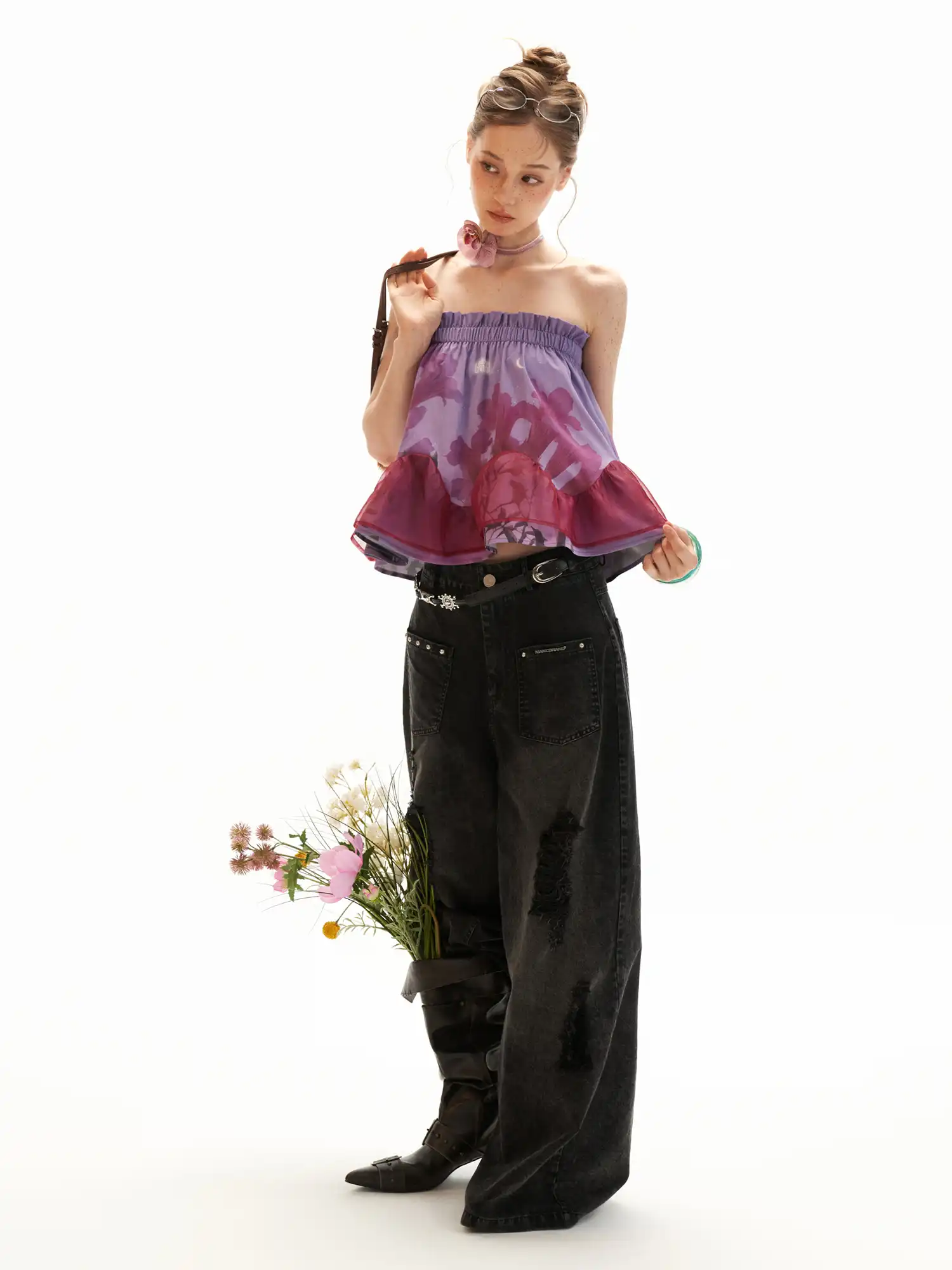 Lavender Floral Strapless Ruched Bandeau Top - Image 8