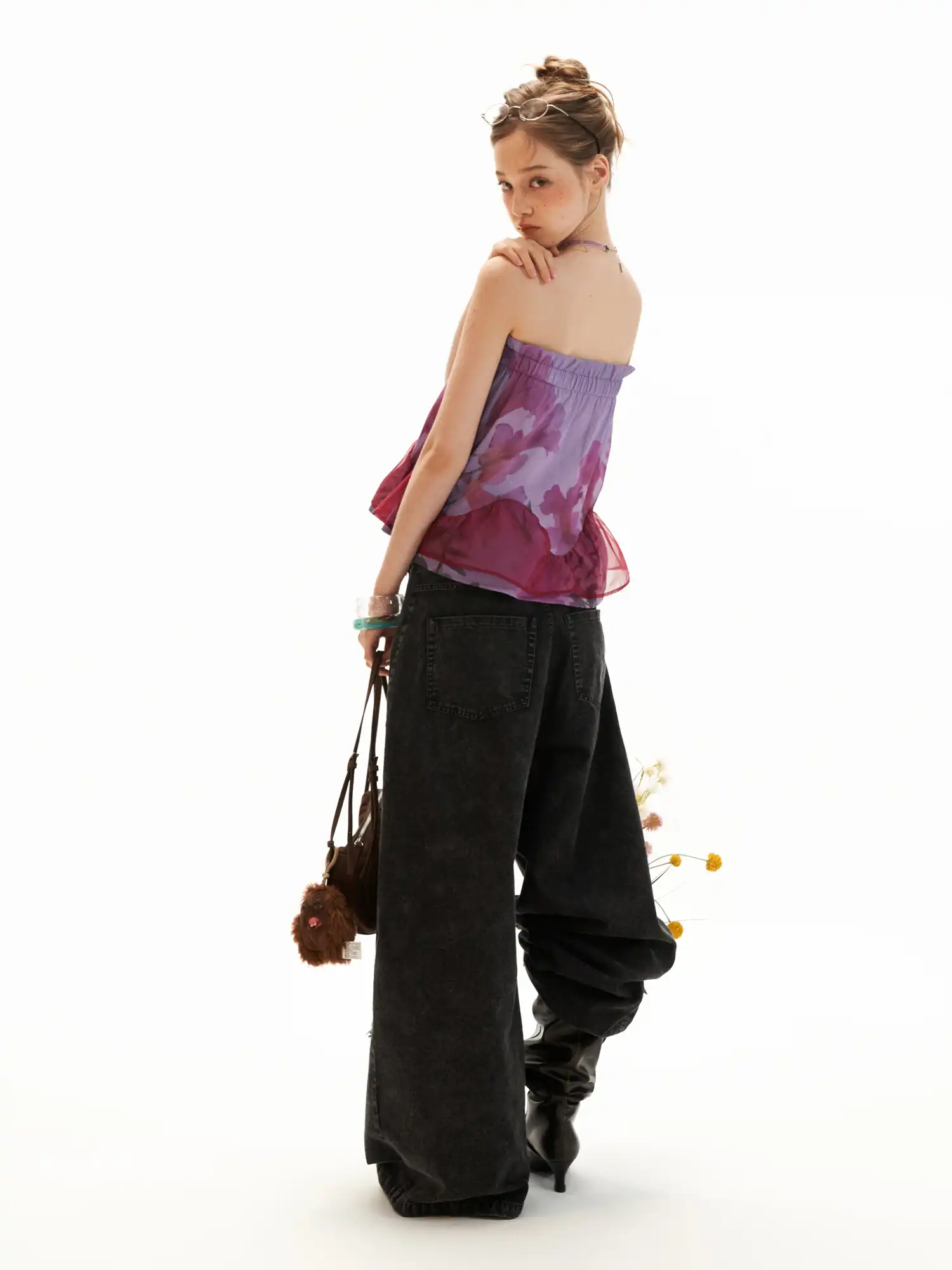 Lavender Floral Strapless Ruched Bandeau Top - Image 9