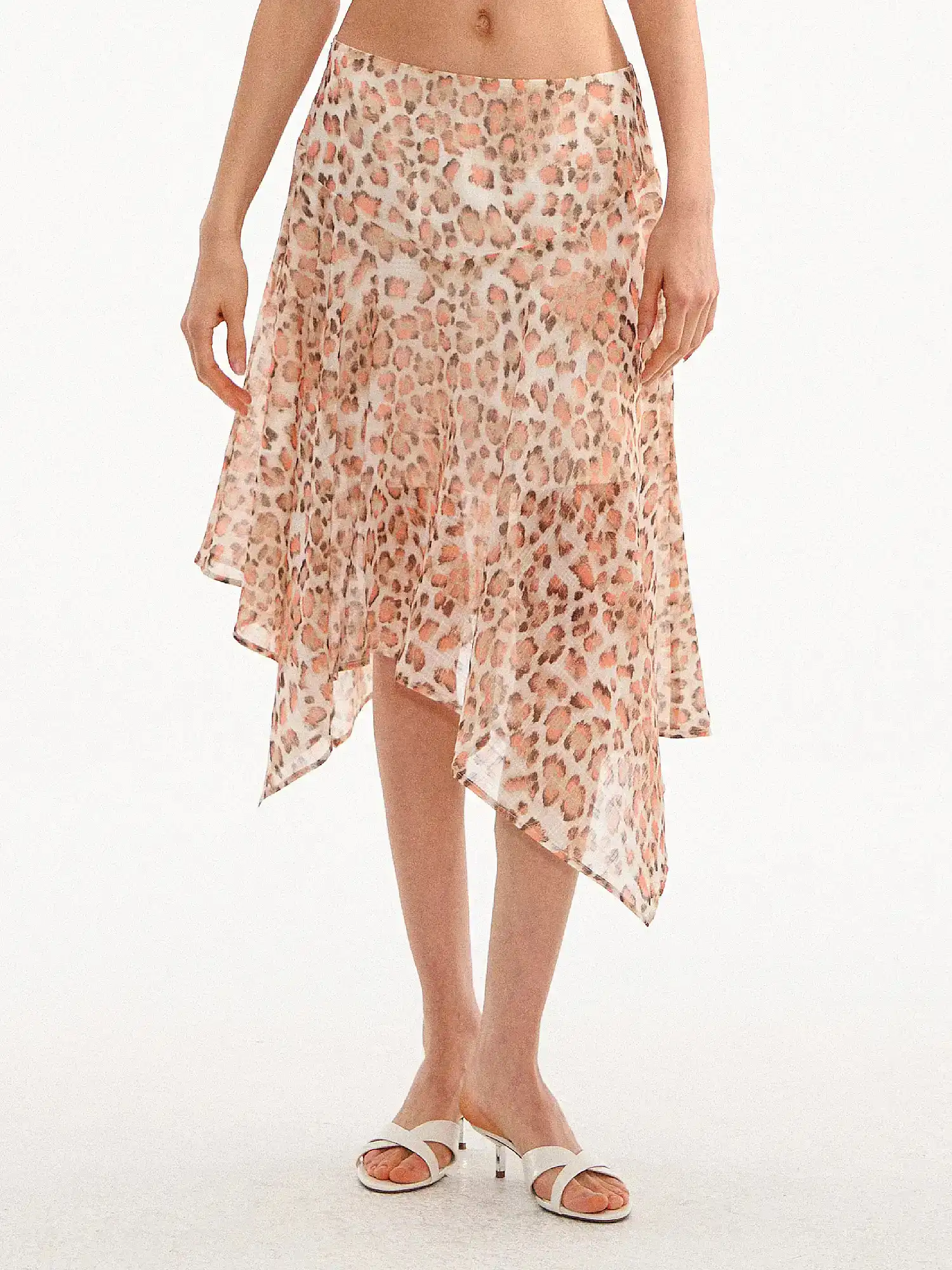 Leopard Print Asymmetric Sheer Midi Skirt