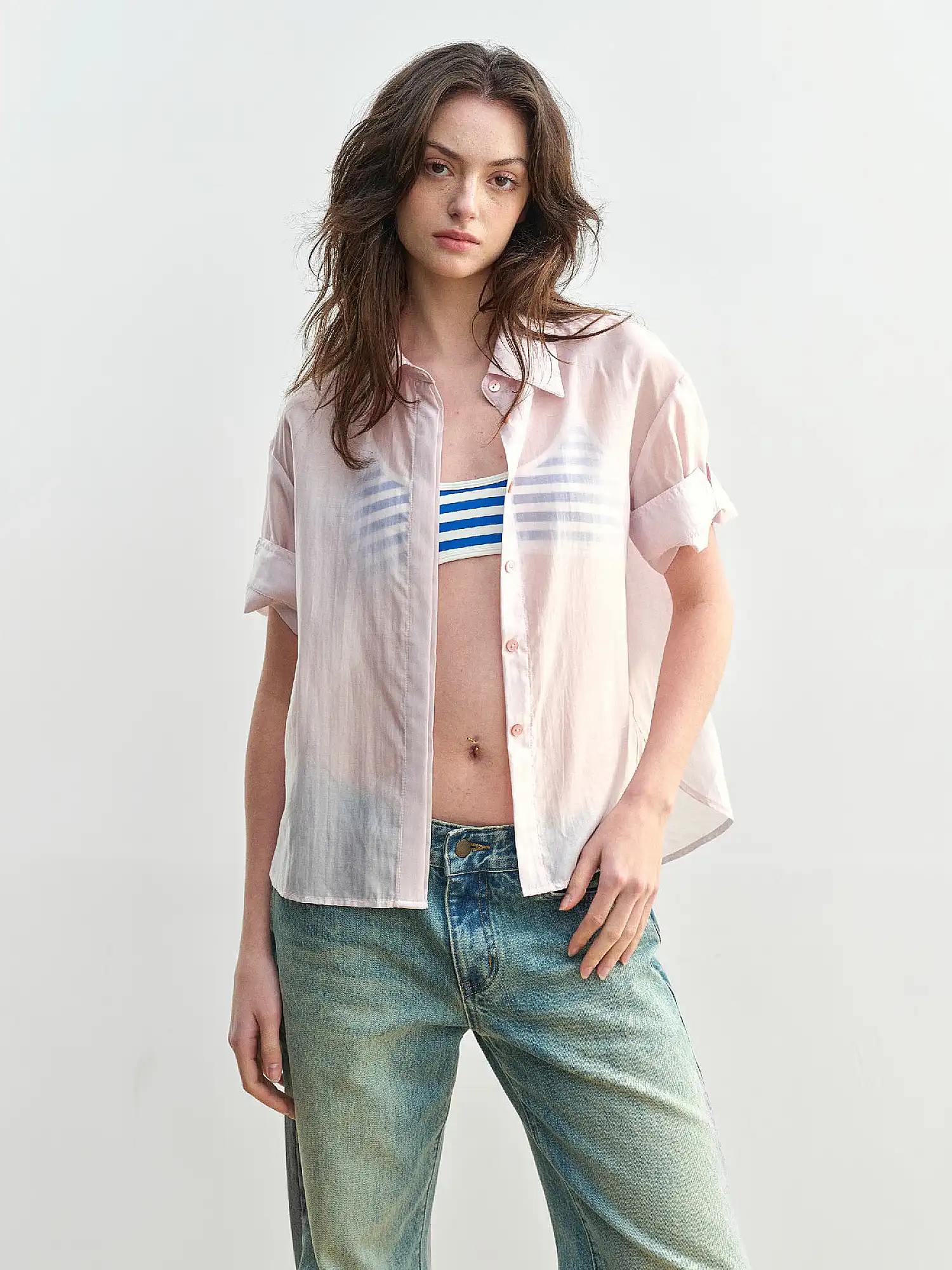 Light Pink Sheer Short Sleeve Button Up Shirt - Image 4