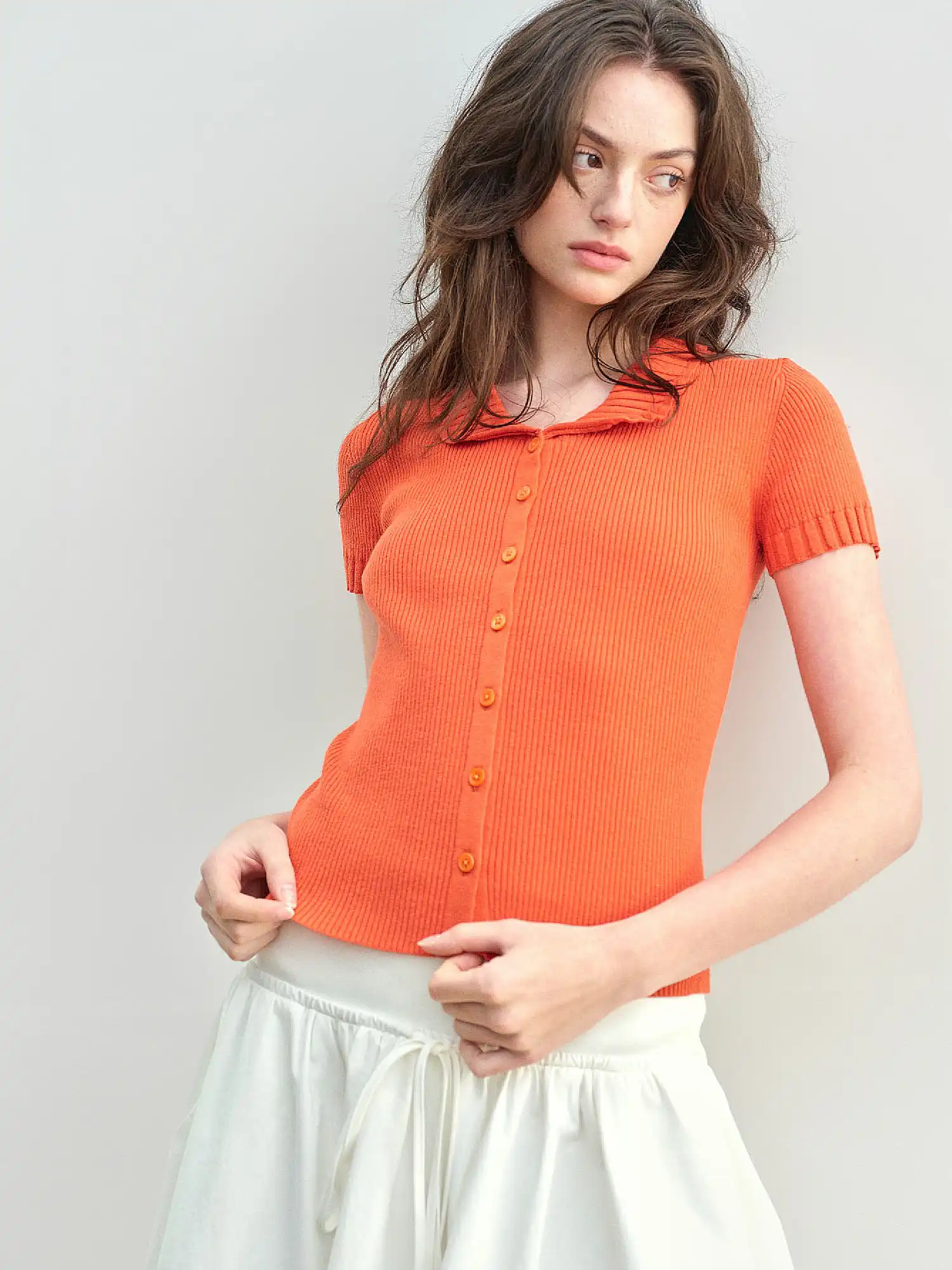 Linen Blend Button Front Ribbed Knit Top