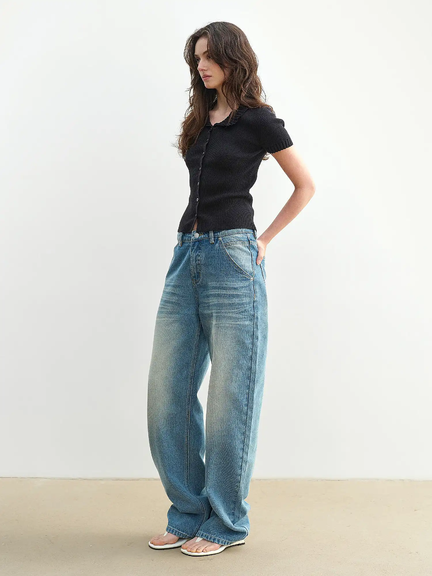 Linen Blend Button Front Ribbed Knit Top - Image 11