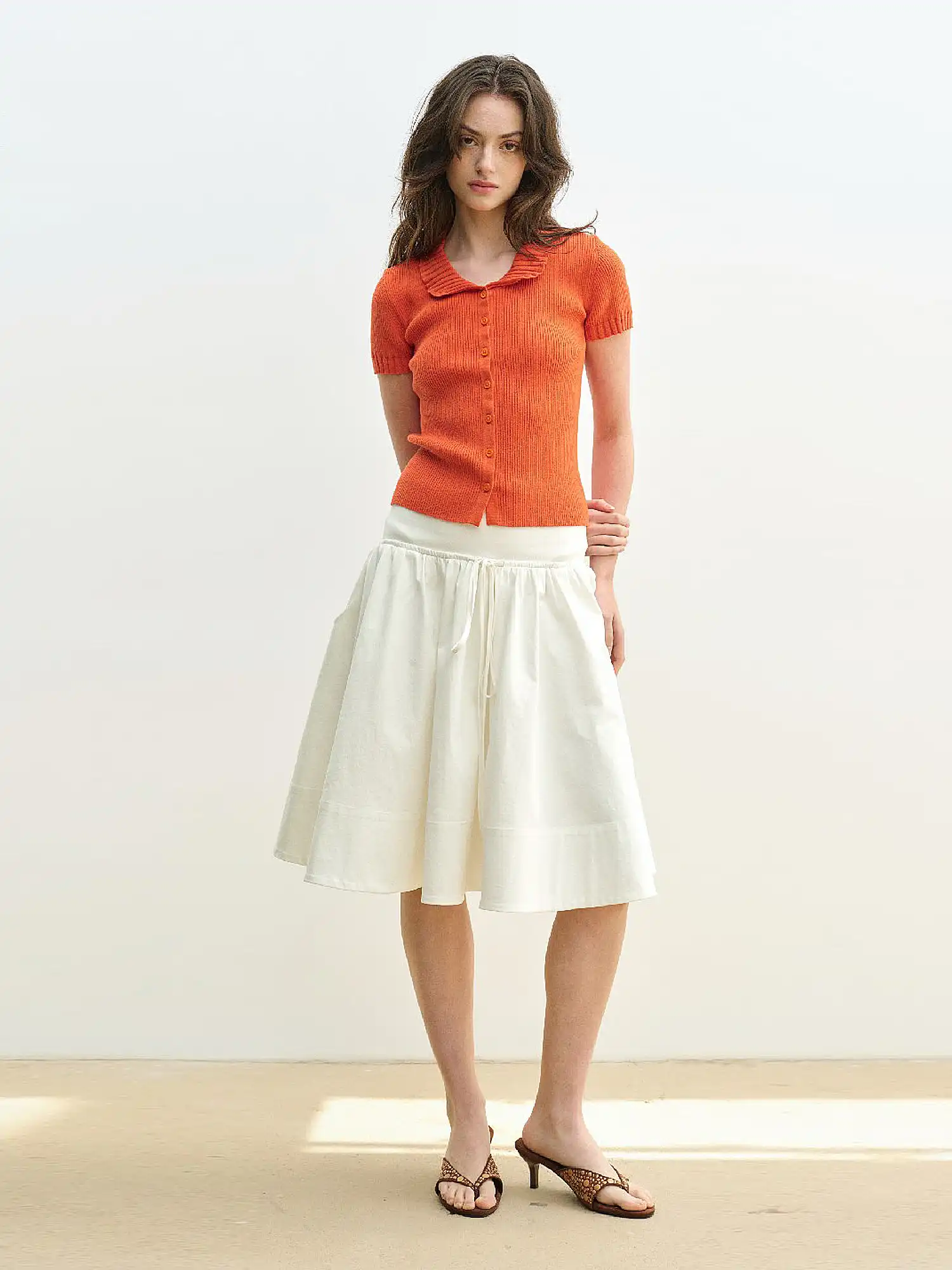 Linen Blend Button Front Ribbed Knit Top - Image 4