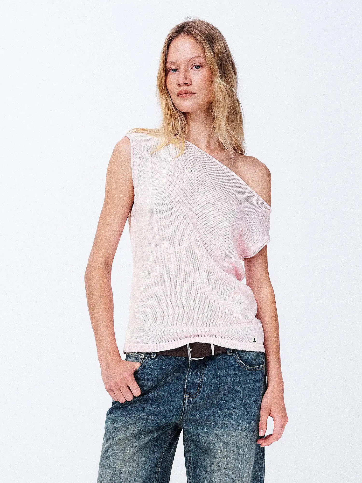 Linen Tencel Knit Asymmetric Off Shoulder Top