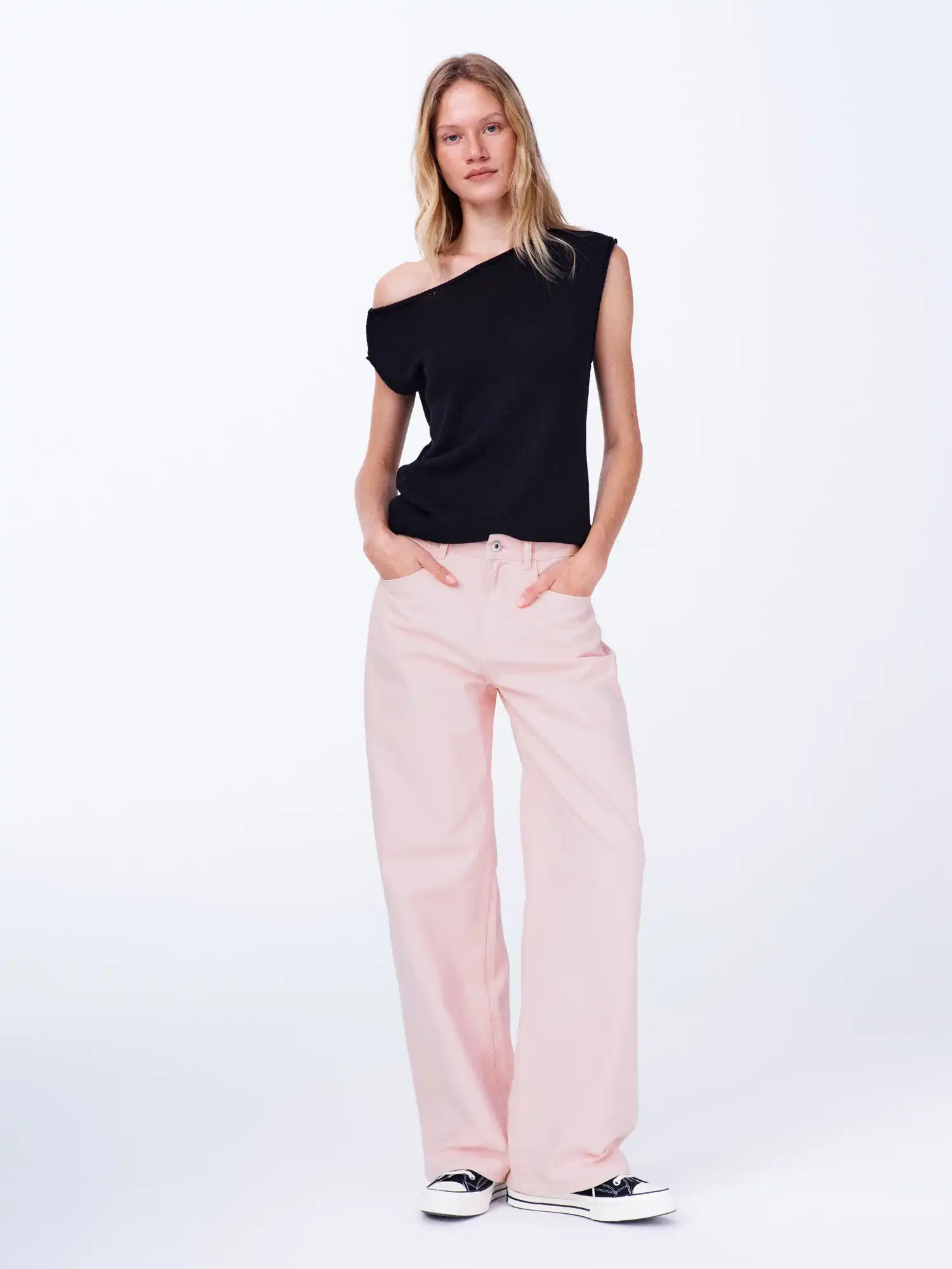 Linen Tencel Knit Asymmetric Off Shoulder Top - Image 10