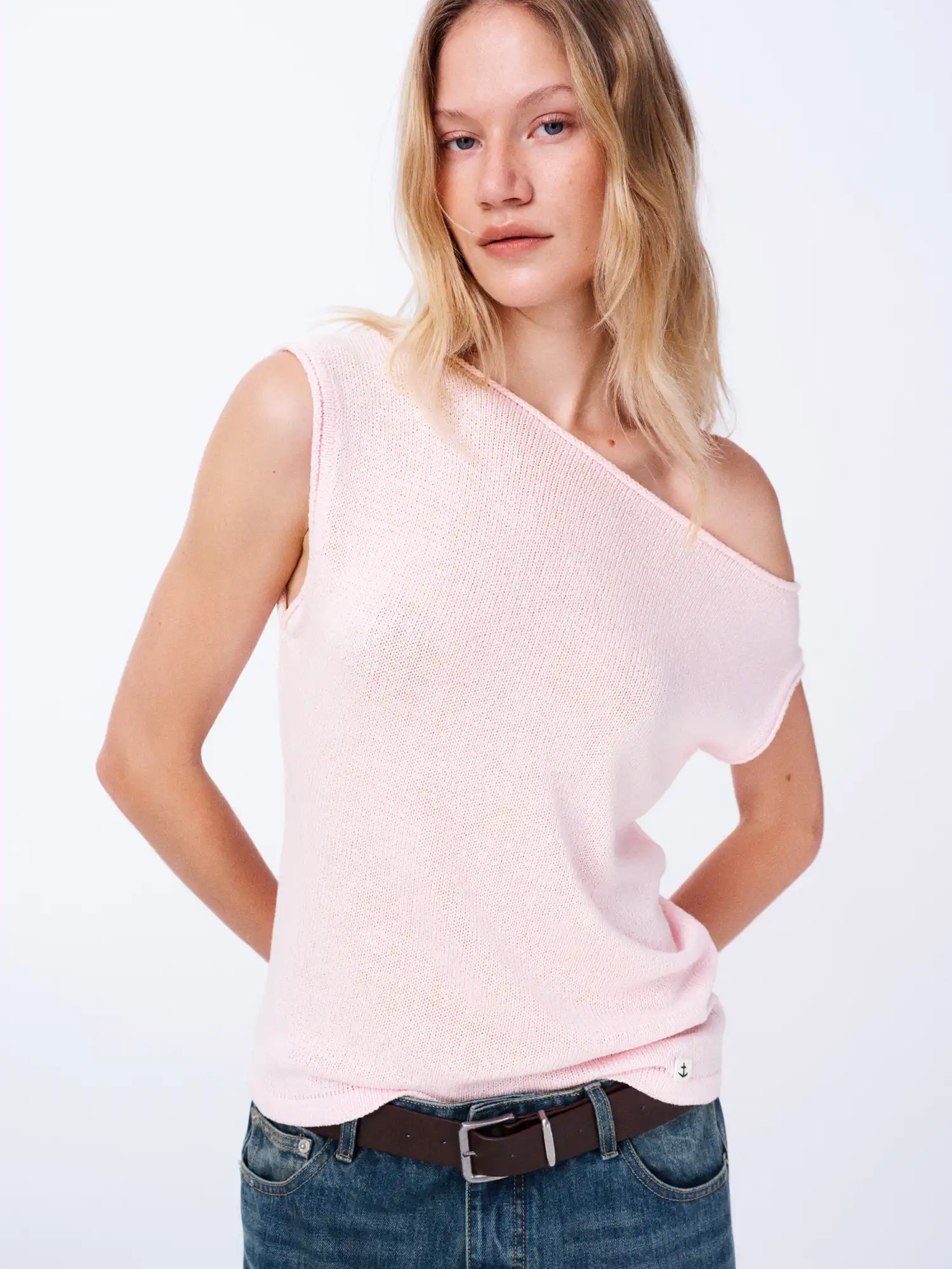 Linen Tencel Knit Asymmetric Off Shoulder Top - Image 3
